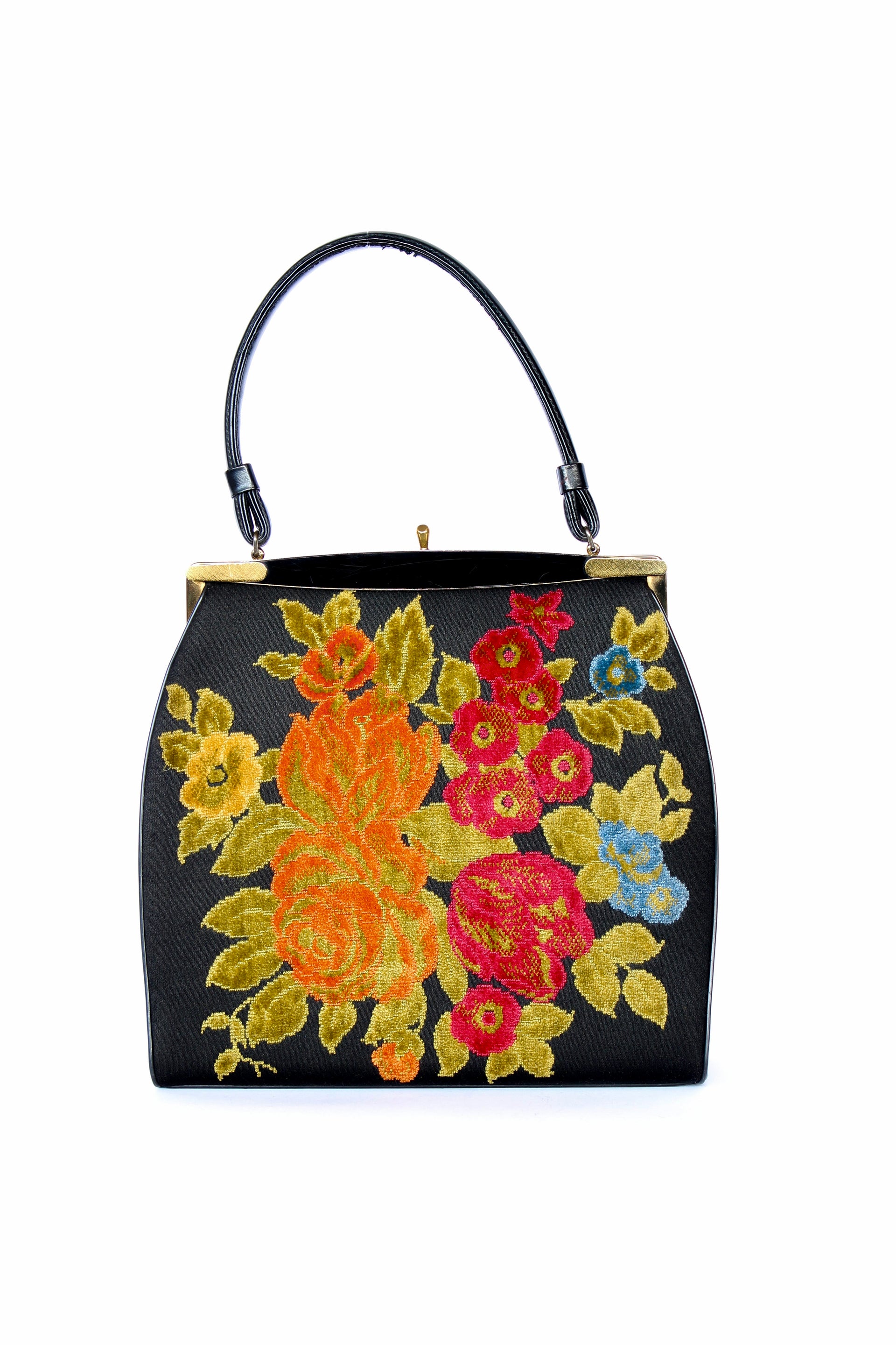 1940s 1950s Vintage Large Black Embroidered Top Handle Bag