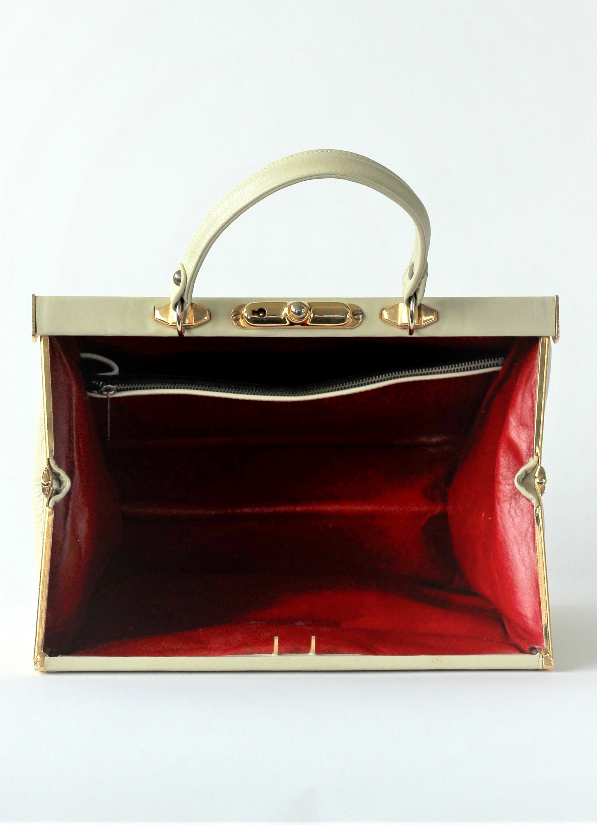 1950S 1960s Ivory Leather Top Handle Bag with Red Linen/Danish Design
