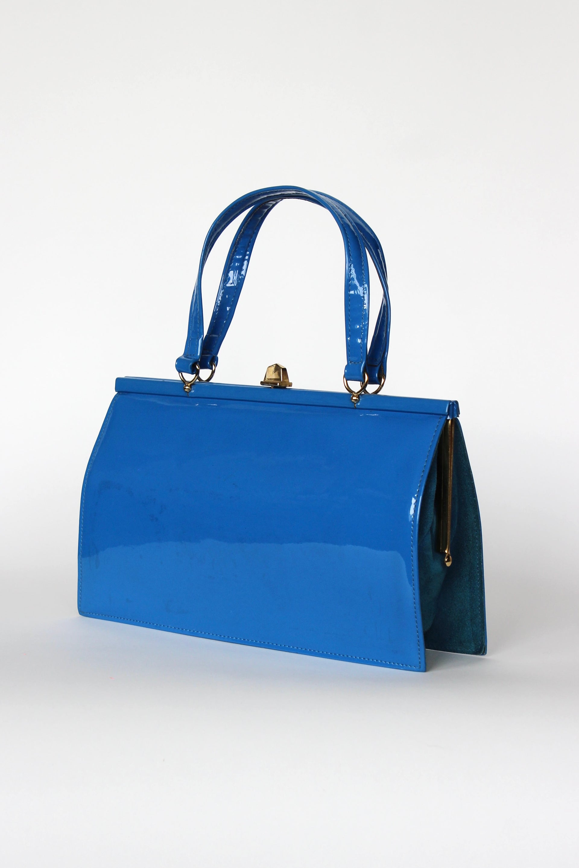 1960s 1970s Vintage Blue Suede and Patent Vinyl Purse Top Handle Bag/Purse