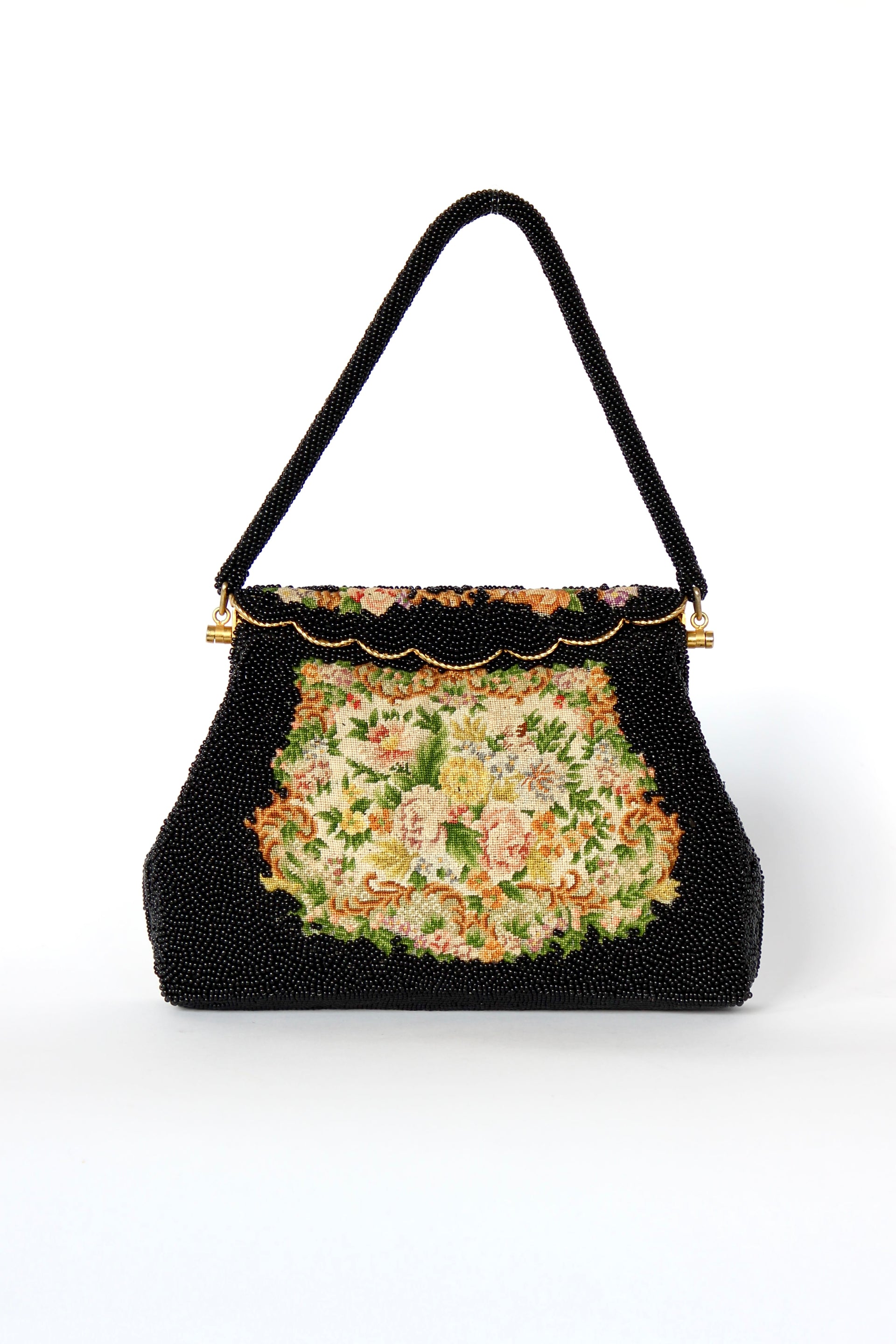 1940s 1950s Vintage Black Beaded & Floral Petit Point Evening Bag