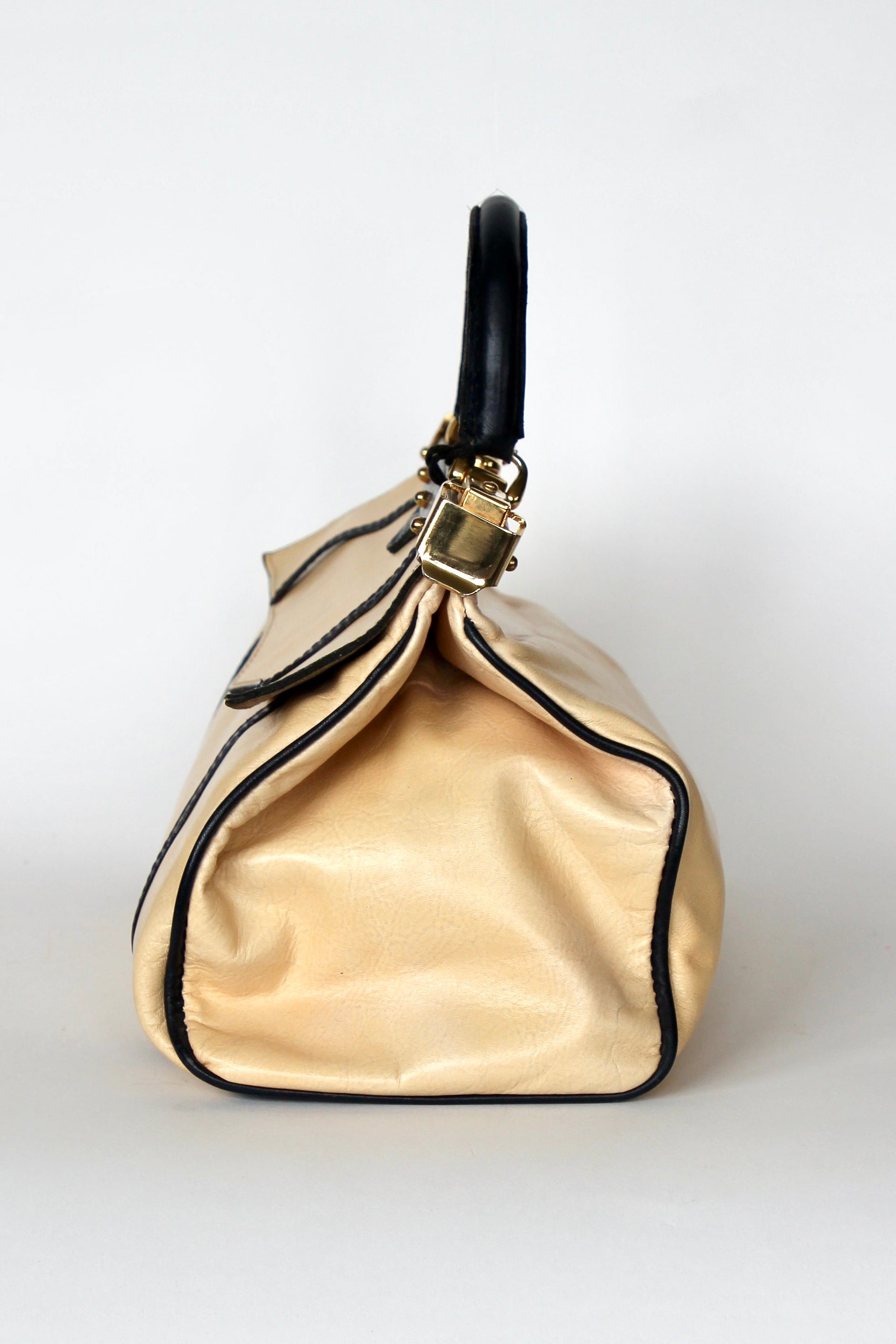 1950S 1960s Beige/Ivory Leather Top Handle Bag // Midwife Style Bag