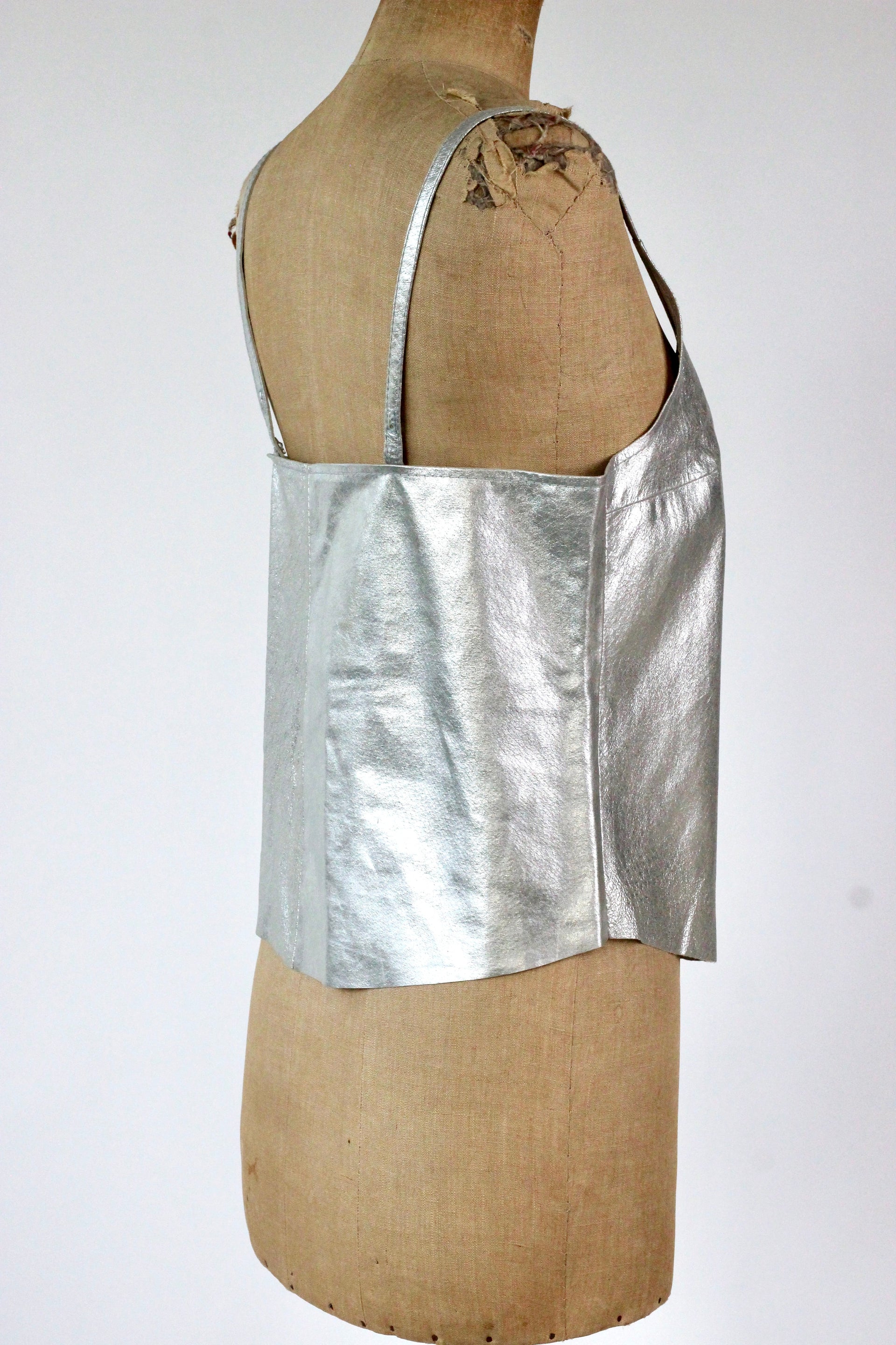 1990s Vintage Leather Silver Top//Size L
