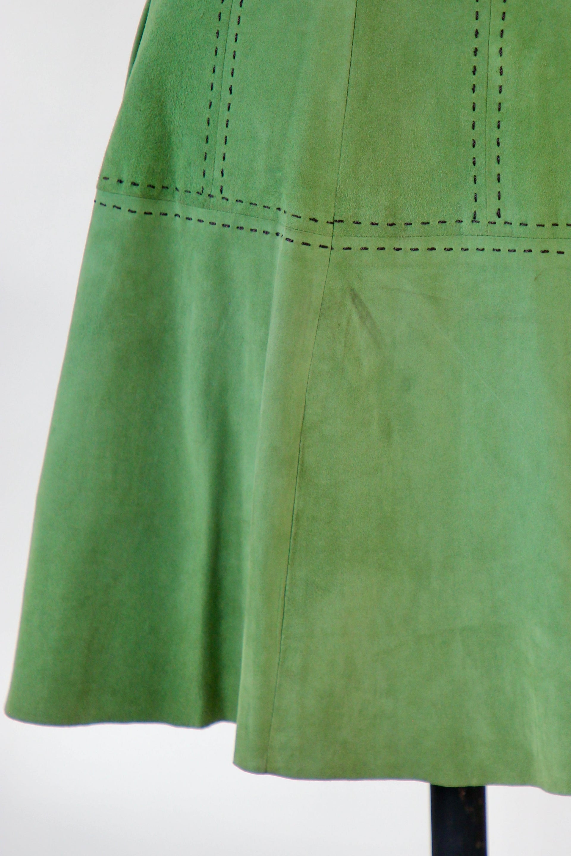 Vintage Green Suede Skirt with Black Stitches // Size XS/S