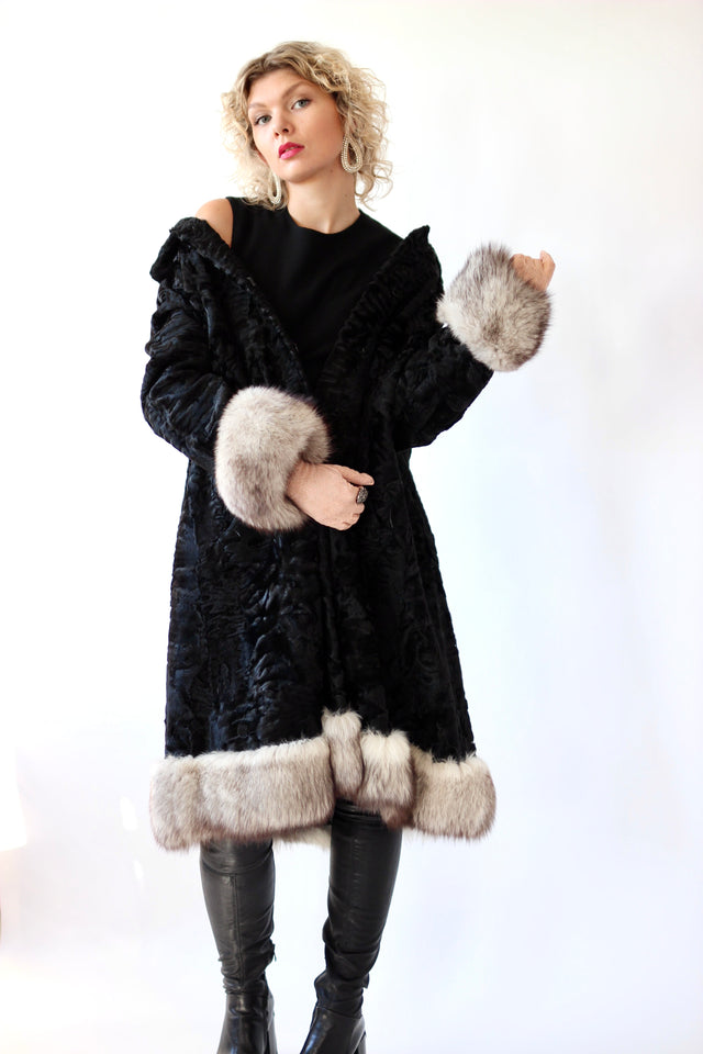 1950s Vintage Black Lamb Fur Coat // Size L/XL