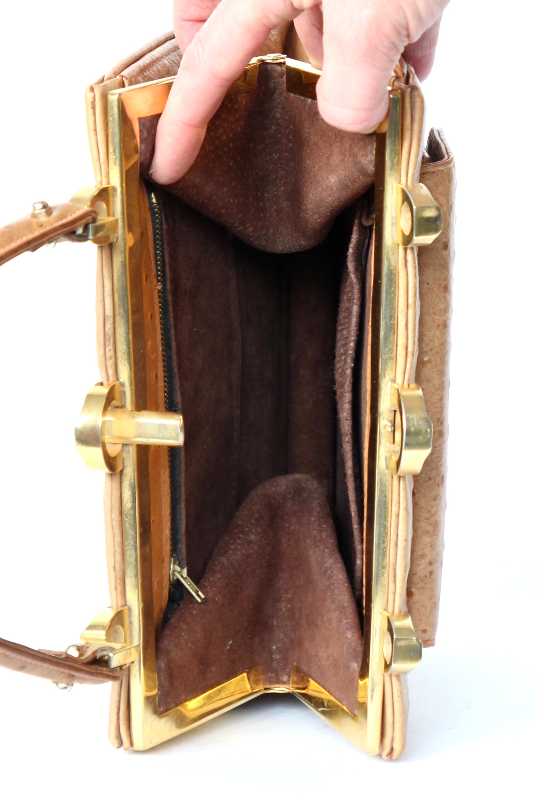 1940s Vintage Brown Ostrich Leather Top Handle Bag/Purse