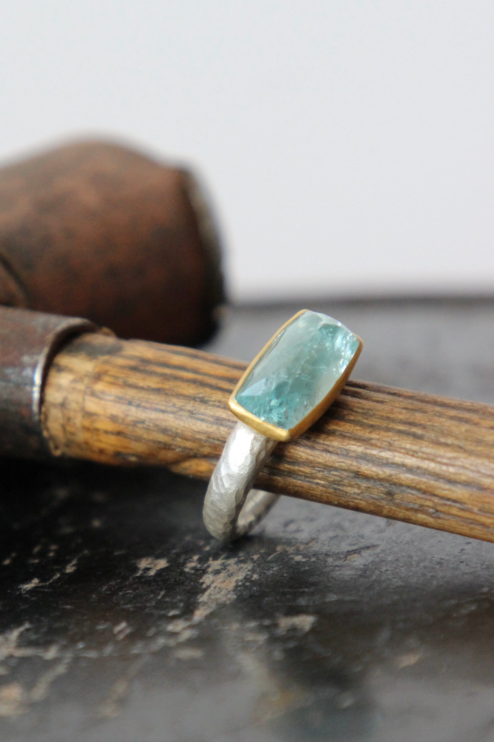 Handmade Aquamarine Cup Ring // Poppy Dandiya // Hammered Sterling Silver // 24K Filled Gold // Size 54