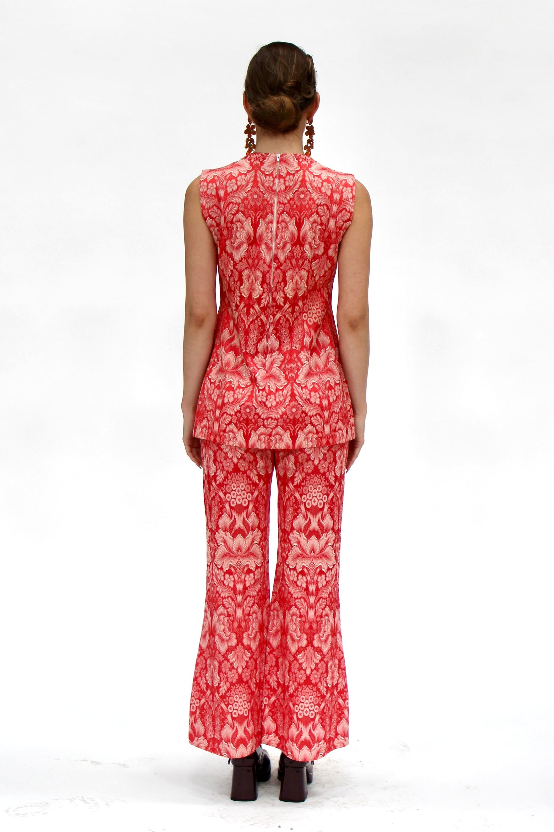 1950s Vintage Red and White Brocade Pantsuit // Size XS