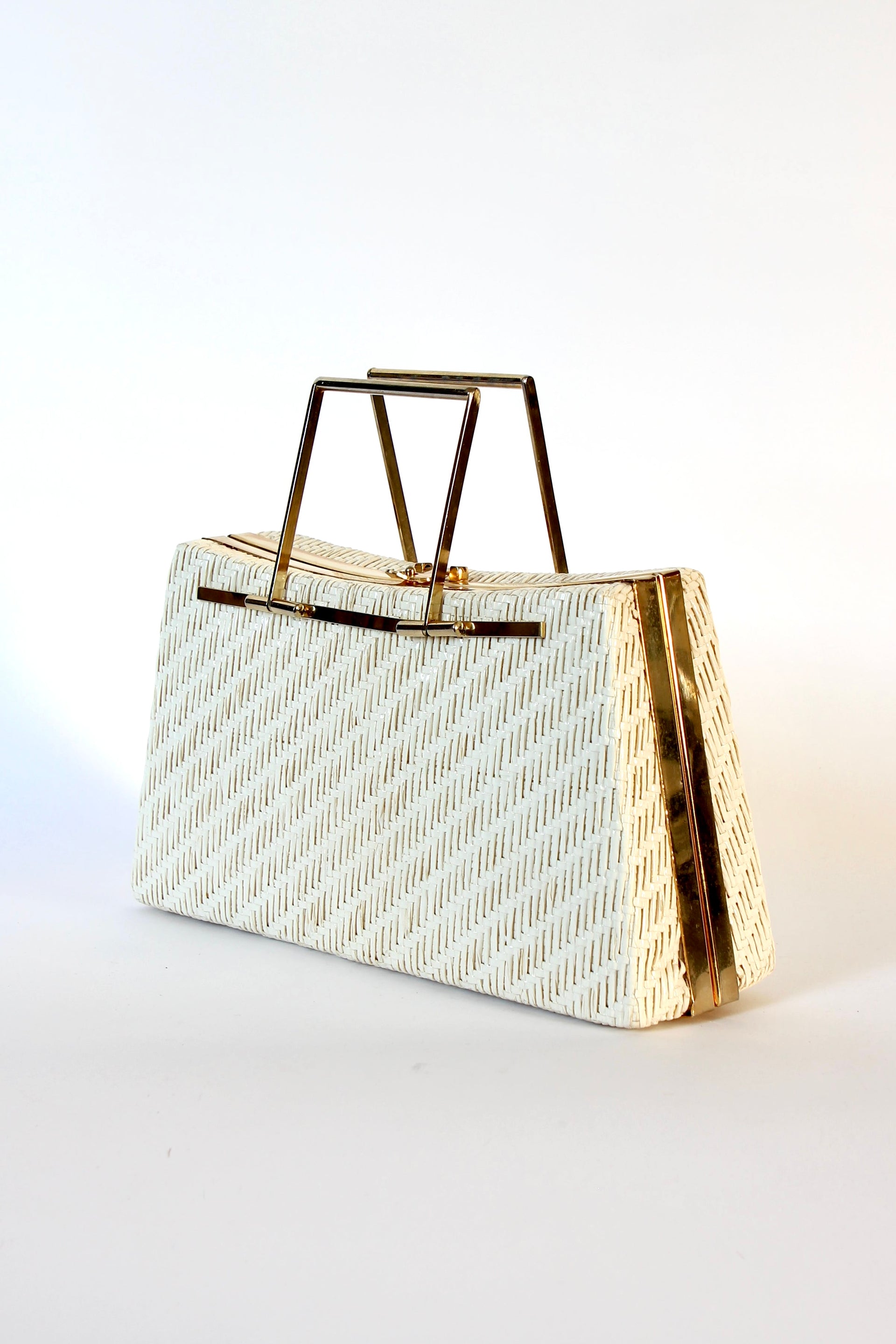 1960s Ivory Straw Top Handle Bag / Purse