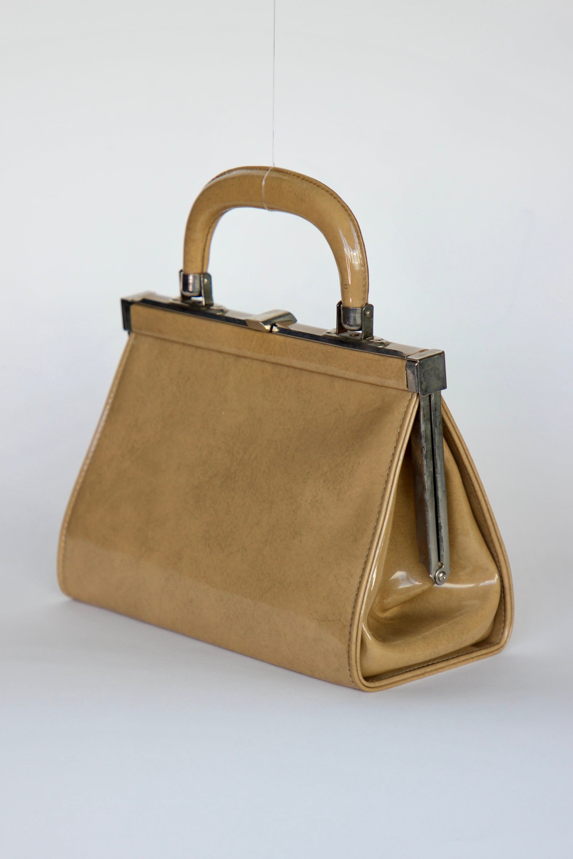 1960s Vintage Beige/Camel Vinyl Top Handle Bag/Purse with Silver Closure.