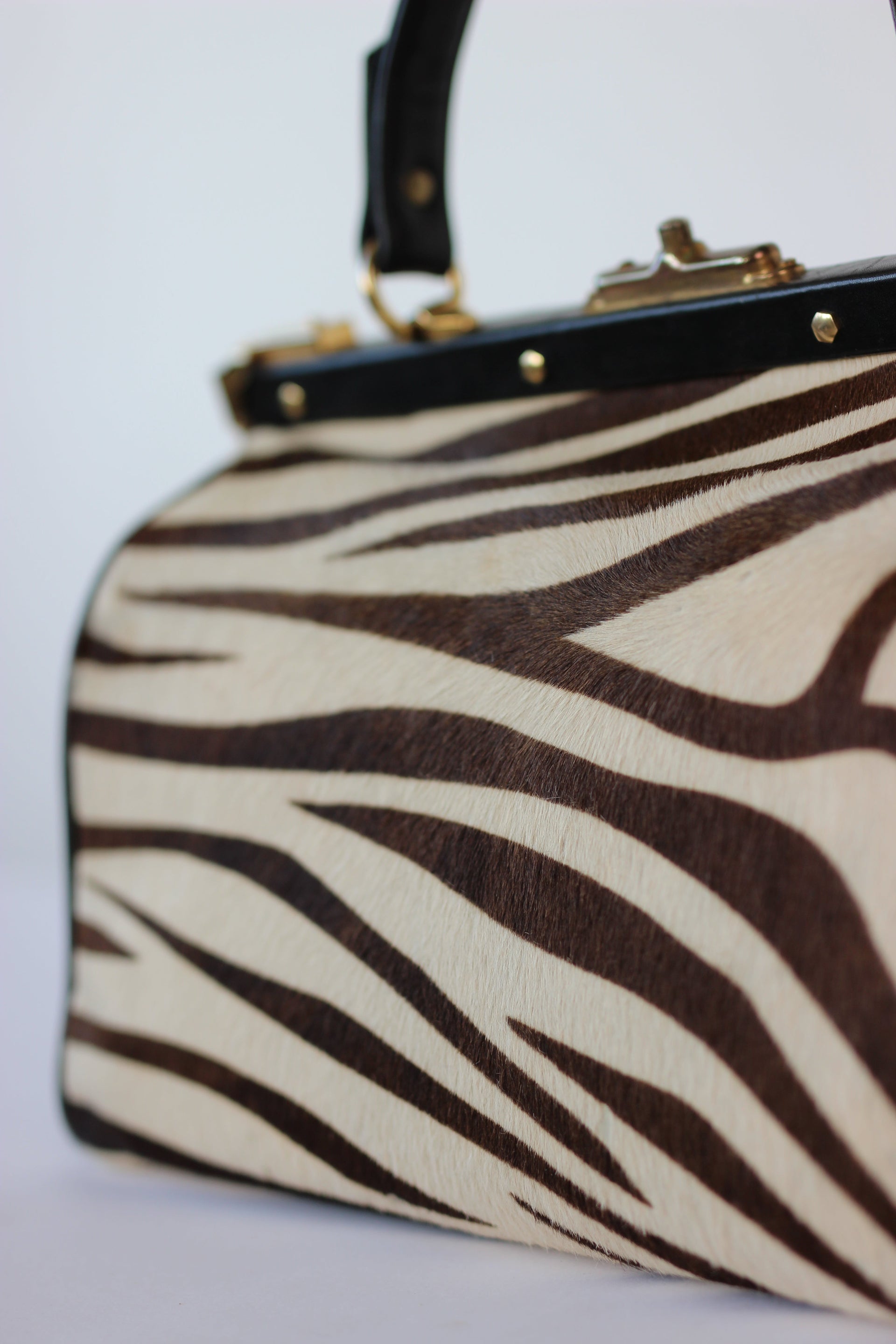 1950S 1960s Black Leather Top Handle Bag with Zebra Pattern Fur//Danish Design