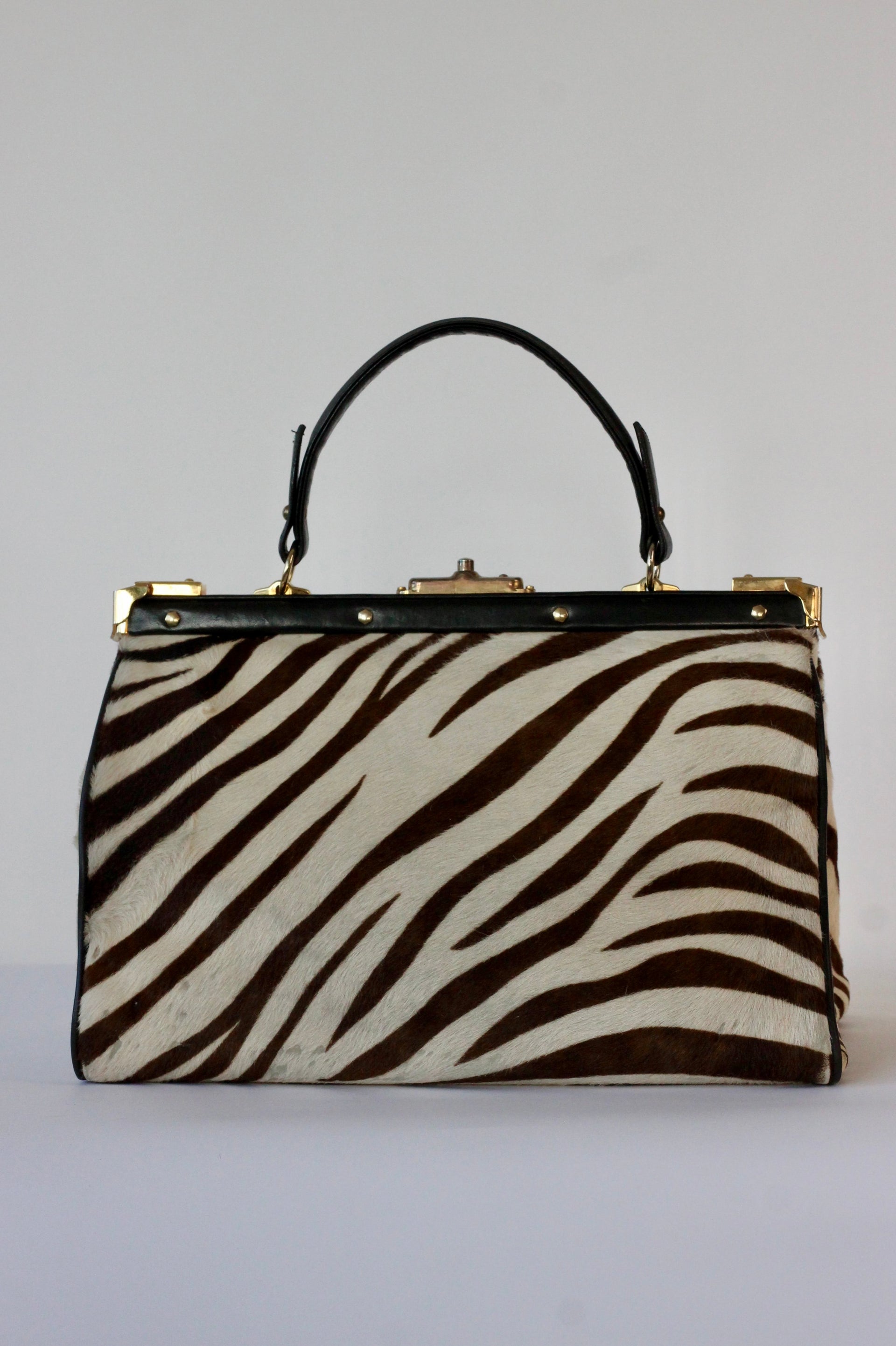 1950S 1960s Black Leather Top Handle Bag with Zebra Pattern Fur//Danish Design