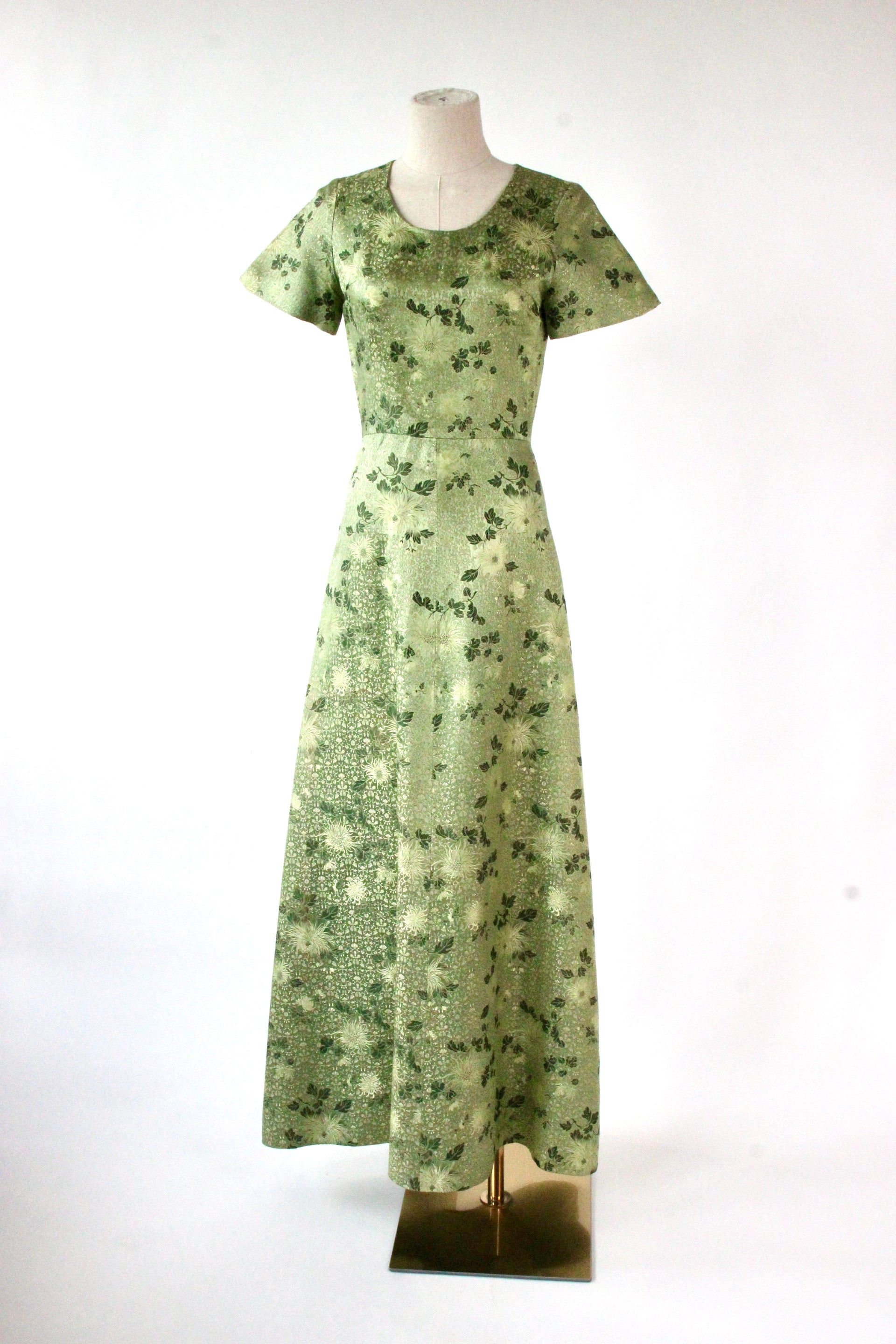 1950s 1960s Green/Gold Evening Gown with Chinese Inspired Pattern//Size XS/S