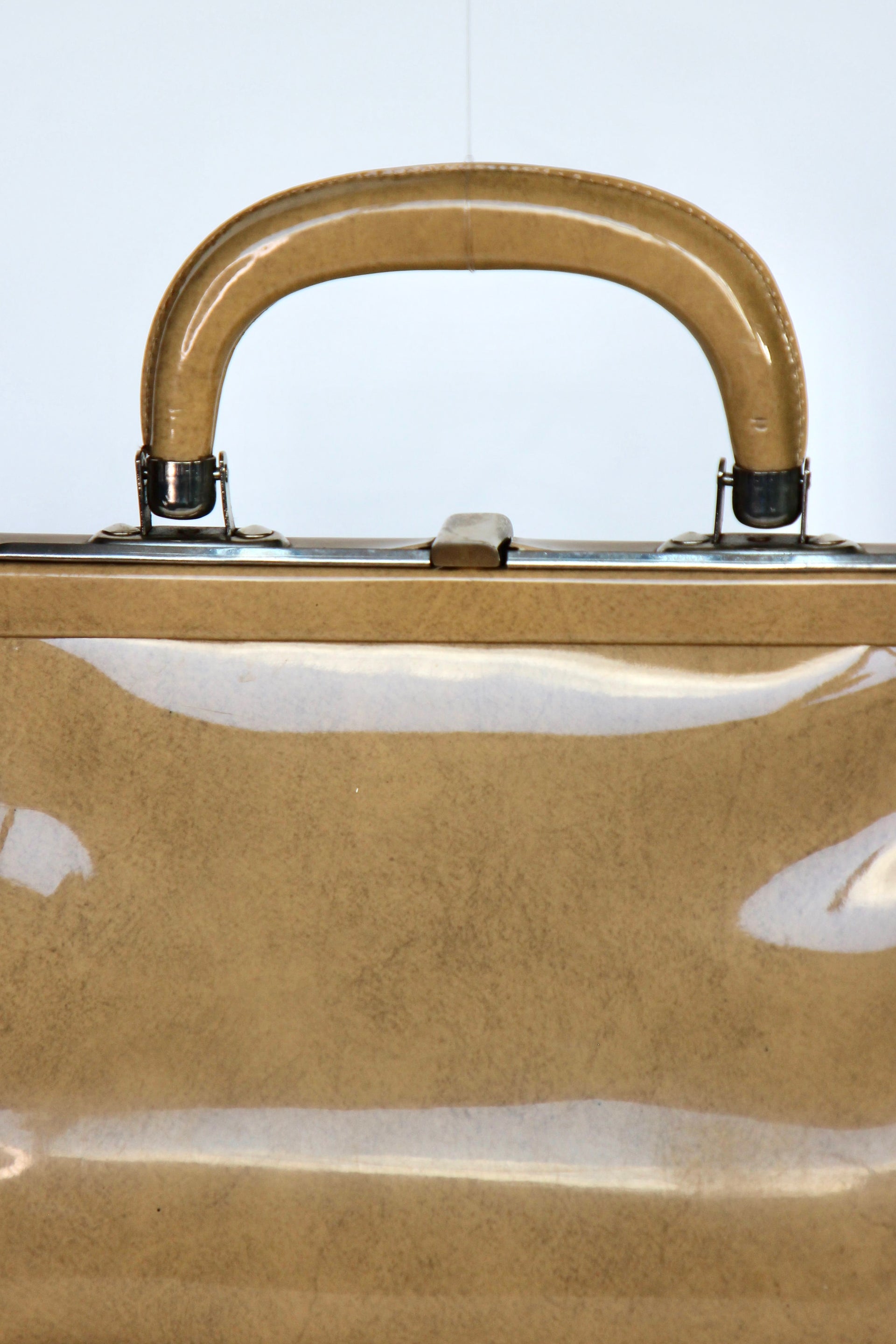 1960s Vintage Beige/Camel Vinyl Top Handle Bag/Purse with Silver Closure.