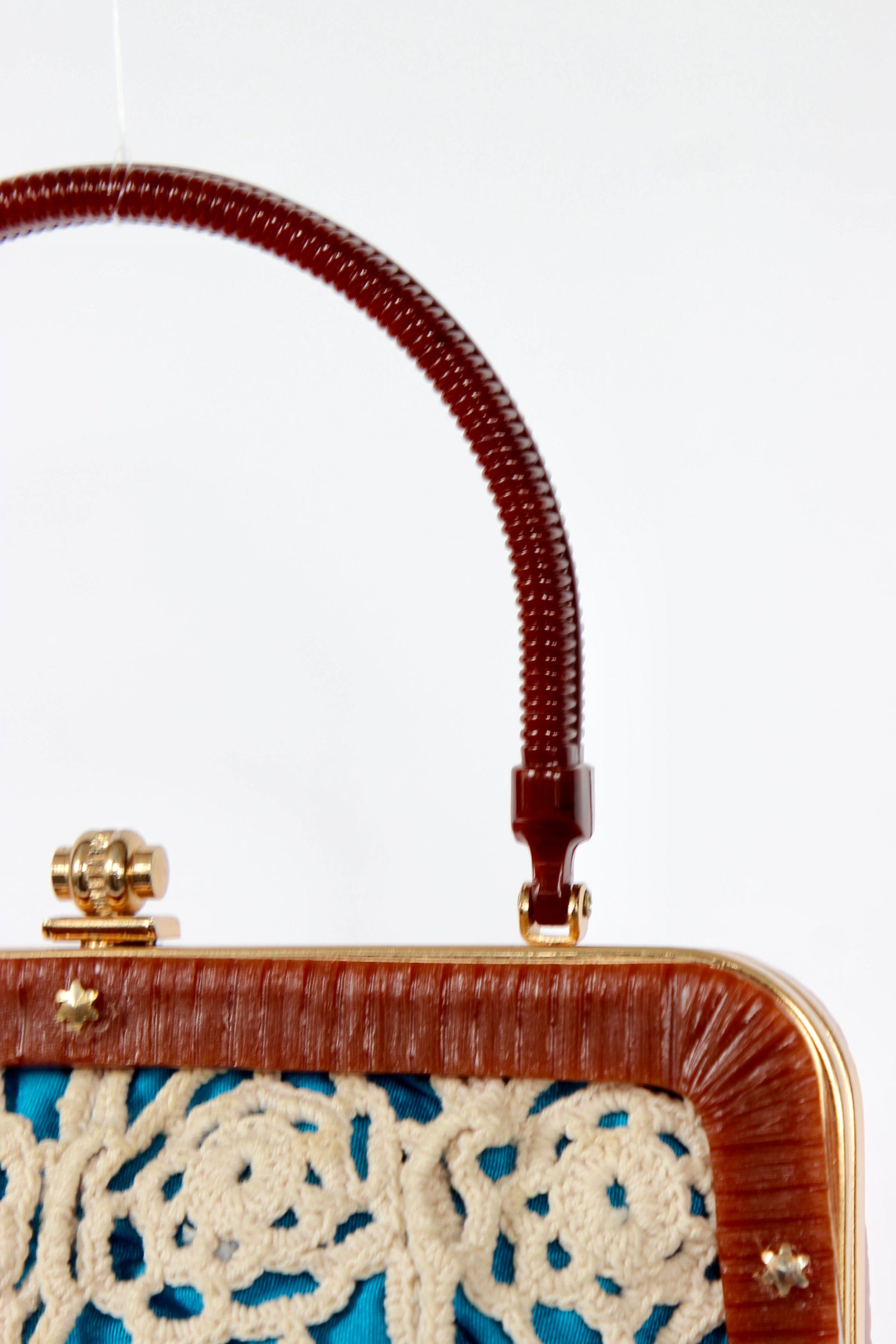 1960s Vintage Handmade Crochet Bag with Plastic Handle and Frame