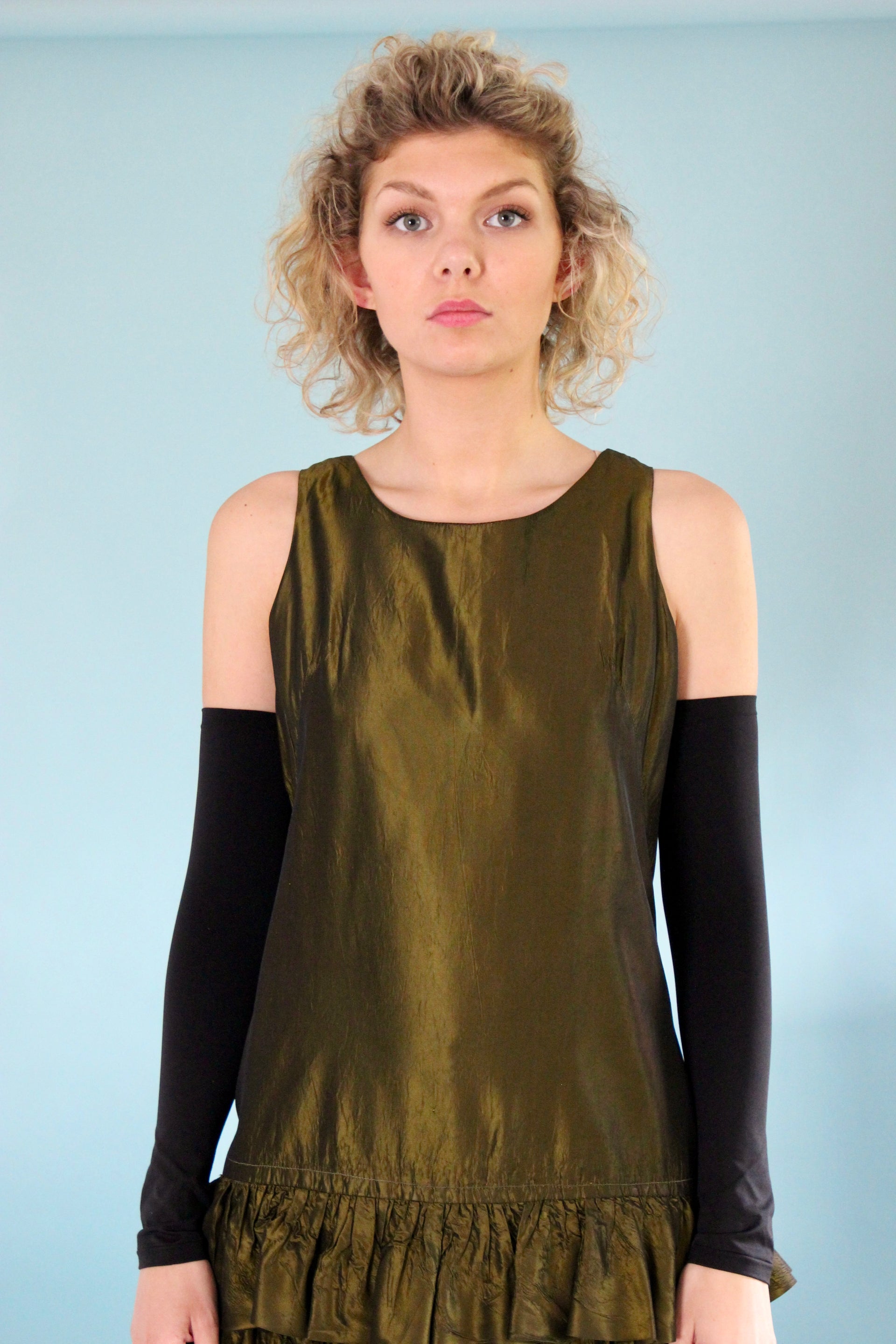 1960s Army Green Mini Dress with Ruffle Skirt // Size M