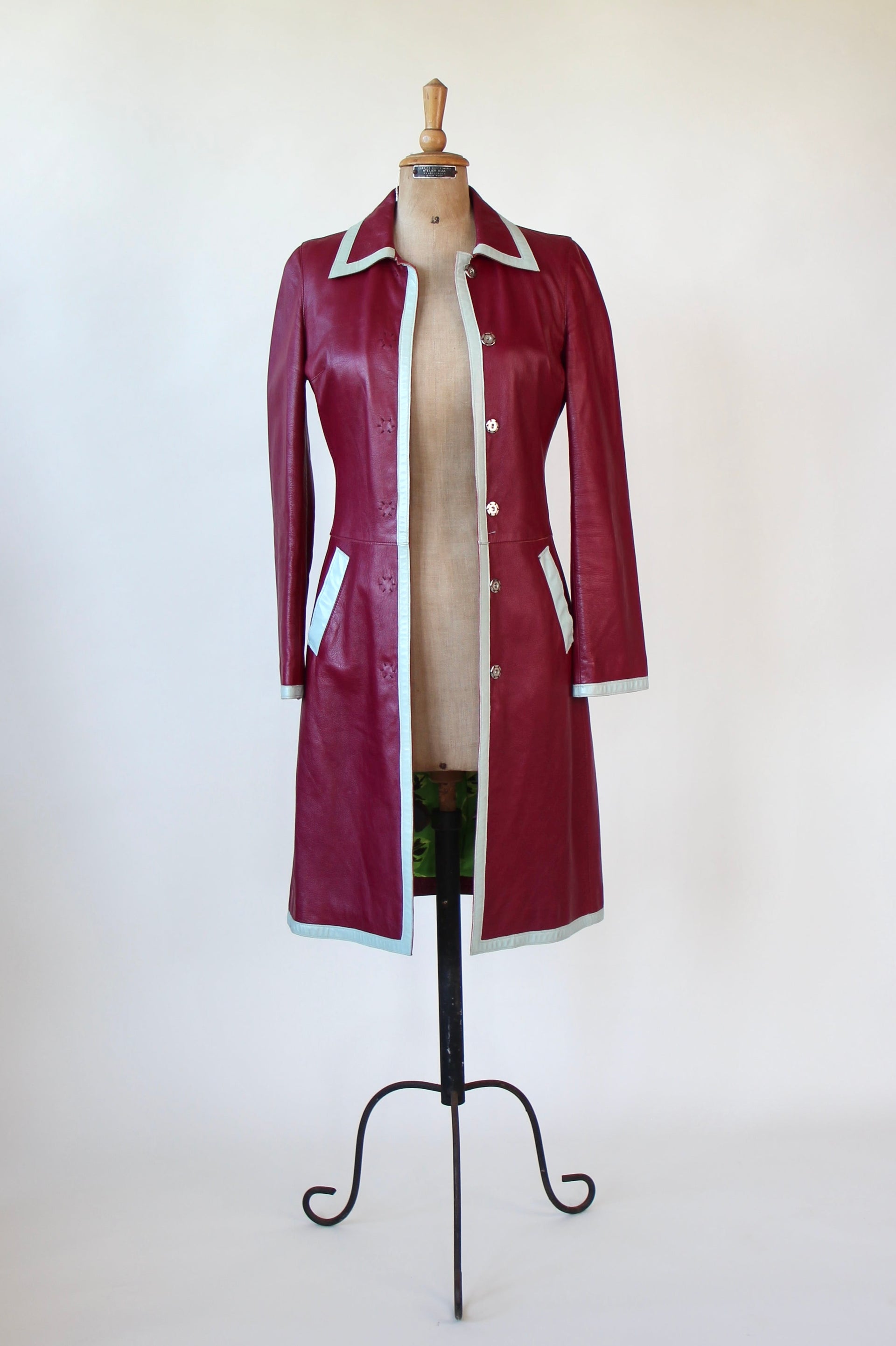 Y2K Italian Designer Burgundy Leather Trench Coat // Size XS/S