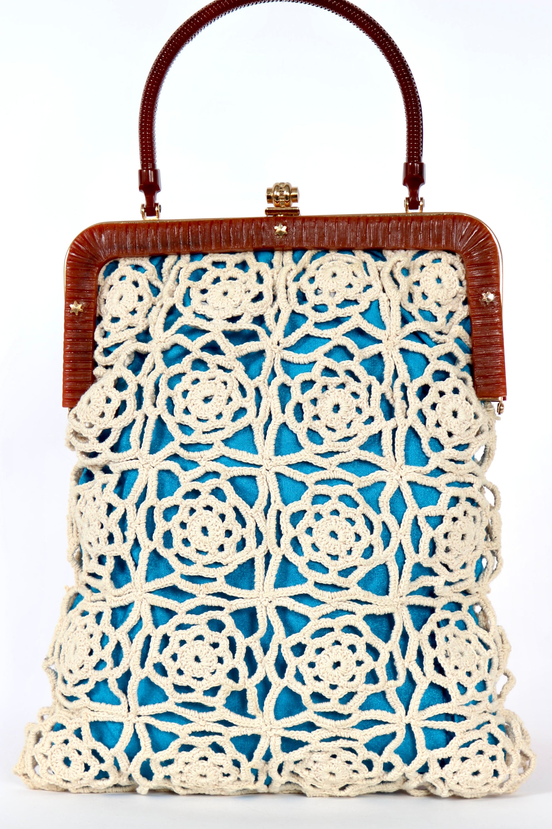 1960s Vintage Handmade Crochet Bag with Plastic Handle and Frame