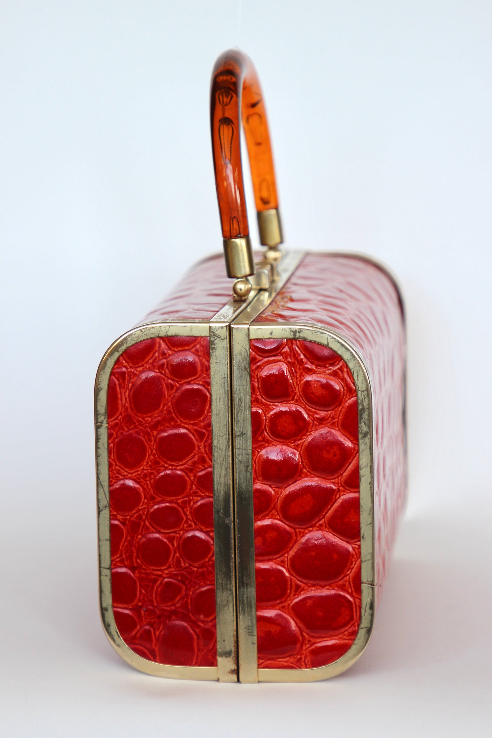 1950s 1960s Bright Red Leather Box Top Handle Bag/Purse