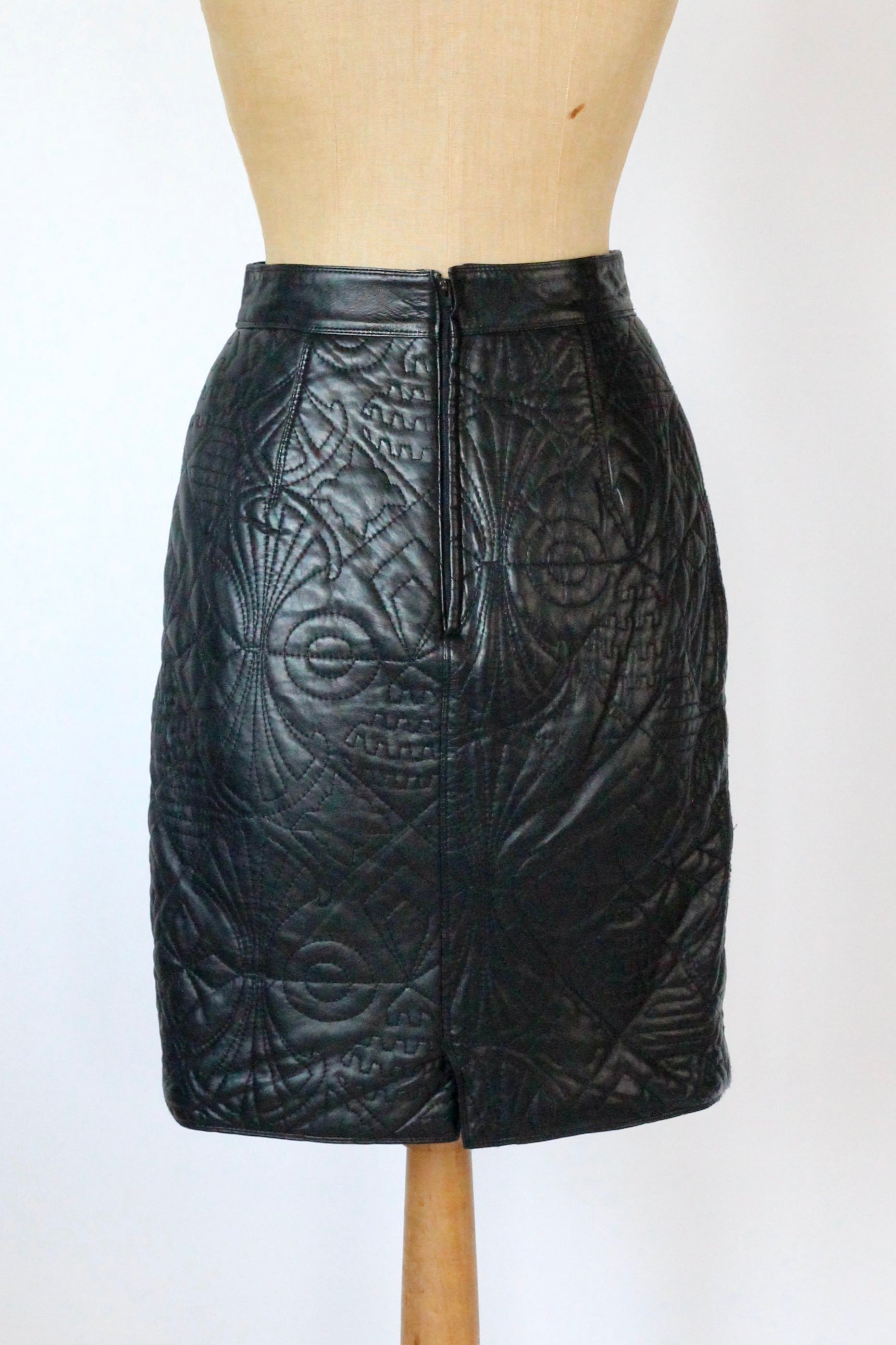 1990s Vintage Black Quilted Leather High Waisted Skirt//Size S/M