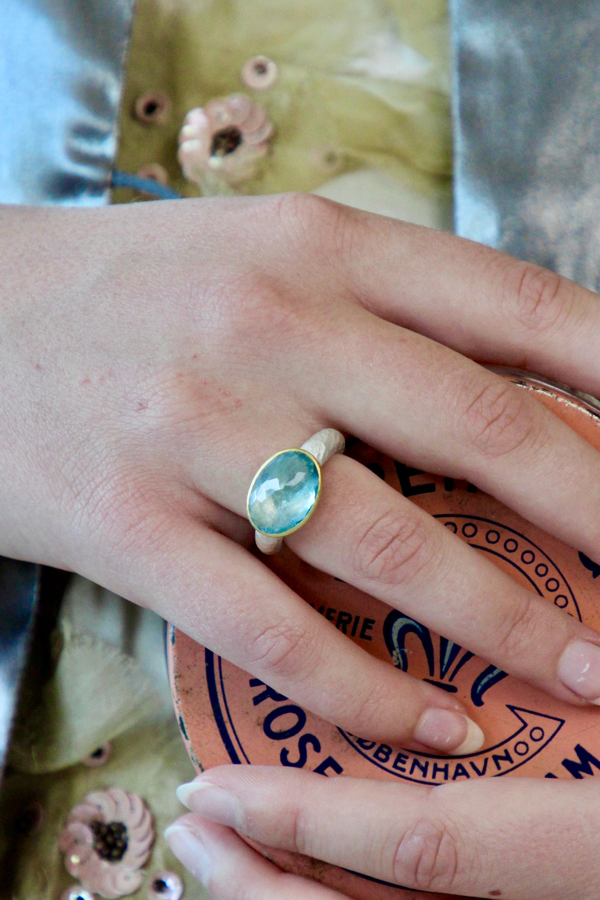 Handmade Aquamarine Ring // Poppy Dandiya // Hammered Sterling Silver // 24K Filled Gold // Size 53