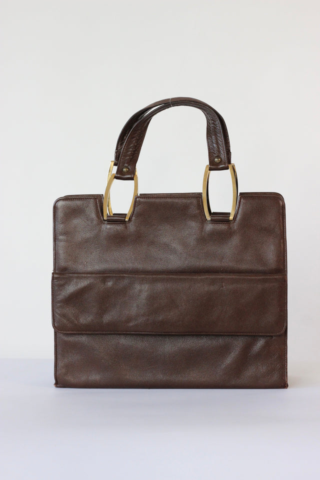 1960s Brown Leather Top Handle Bag with Beige Leather Linen//Danish Design