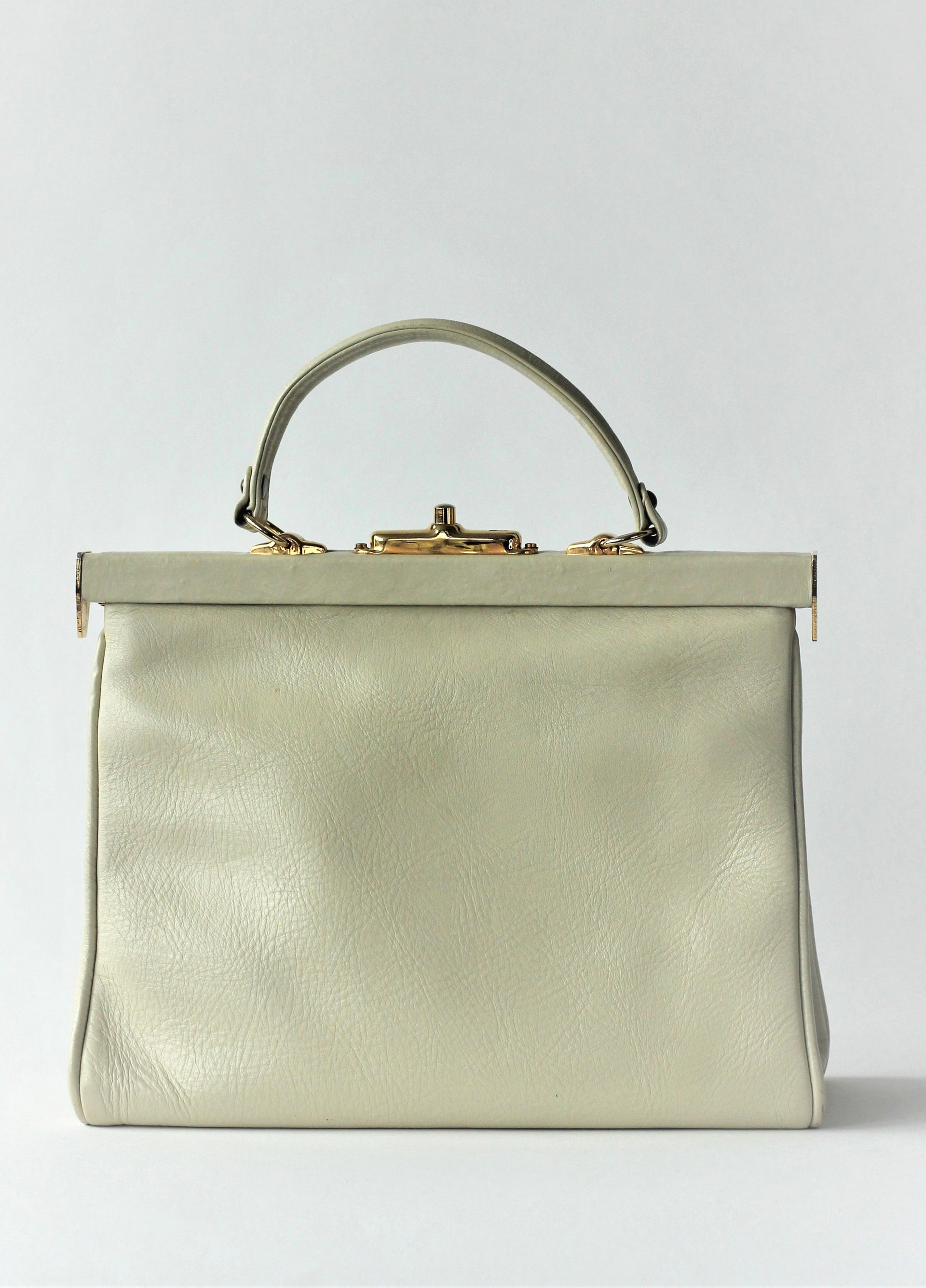 1950S 1960s Ivory Leather Top Handle Bag with Red Linen/Danish Design