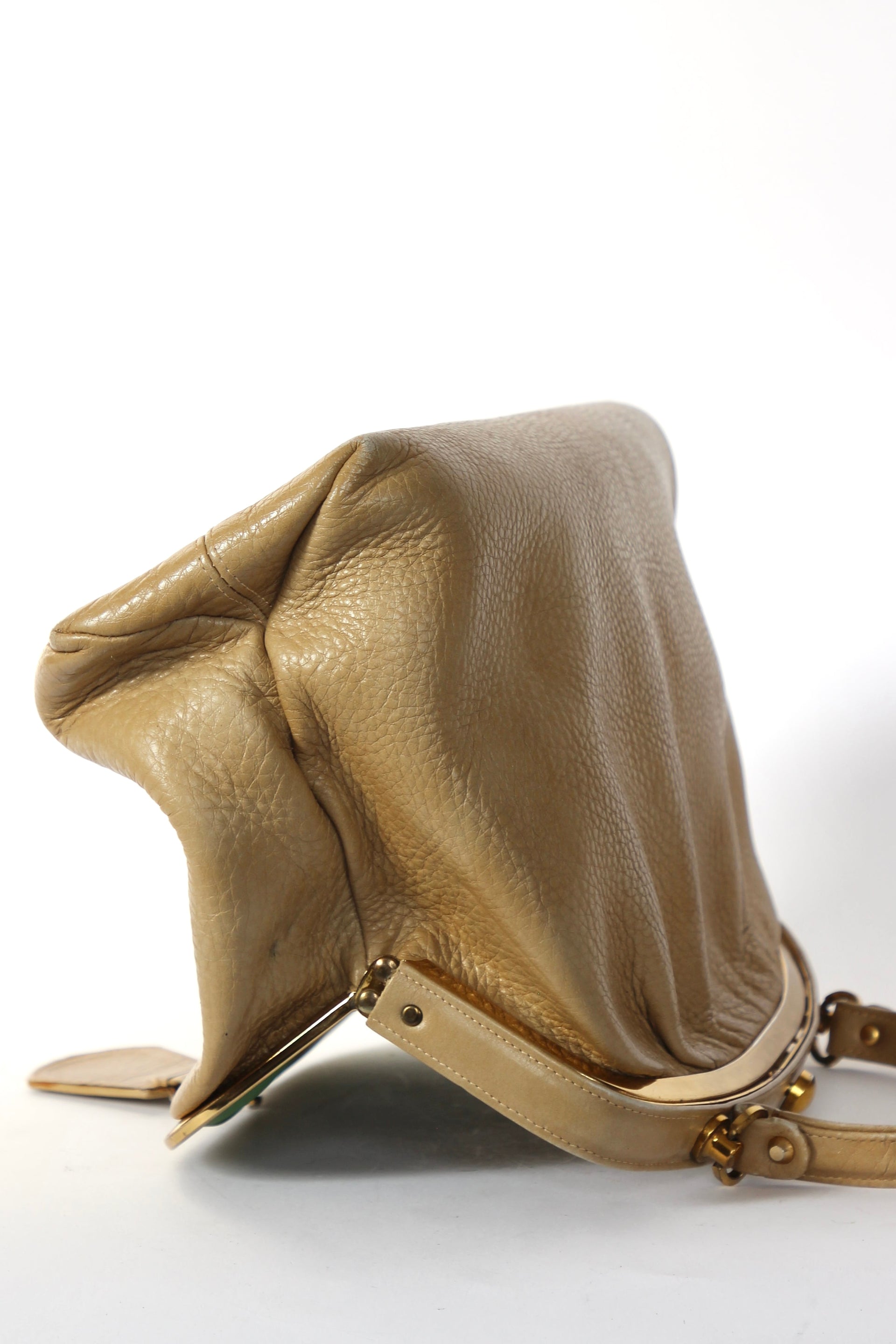 1960s Vintage Beige Leather Top Handle Bag with Green Leather Linen