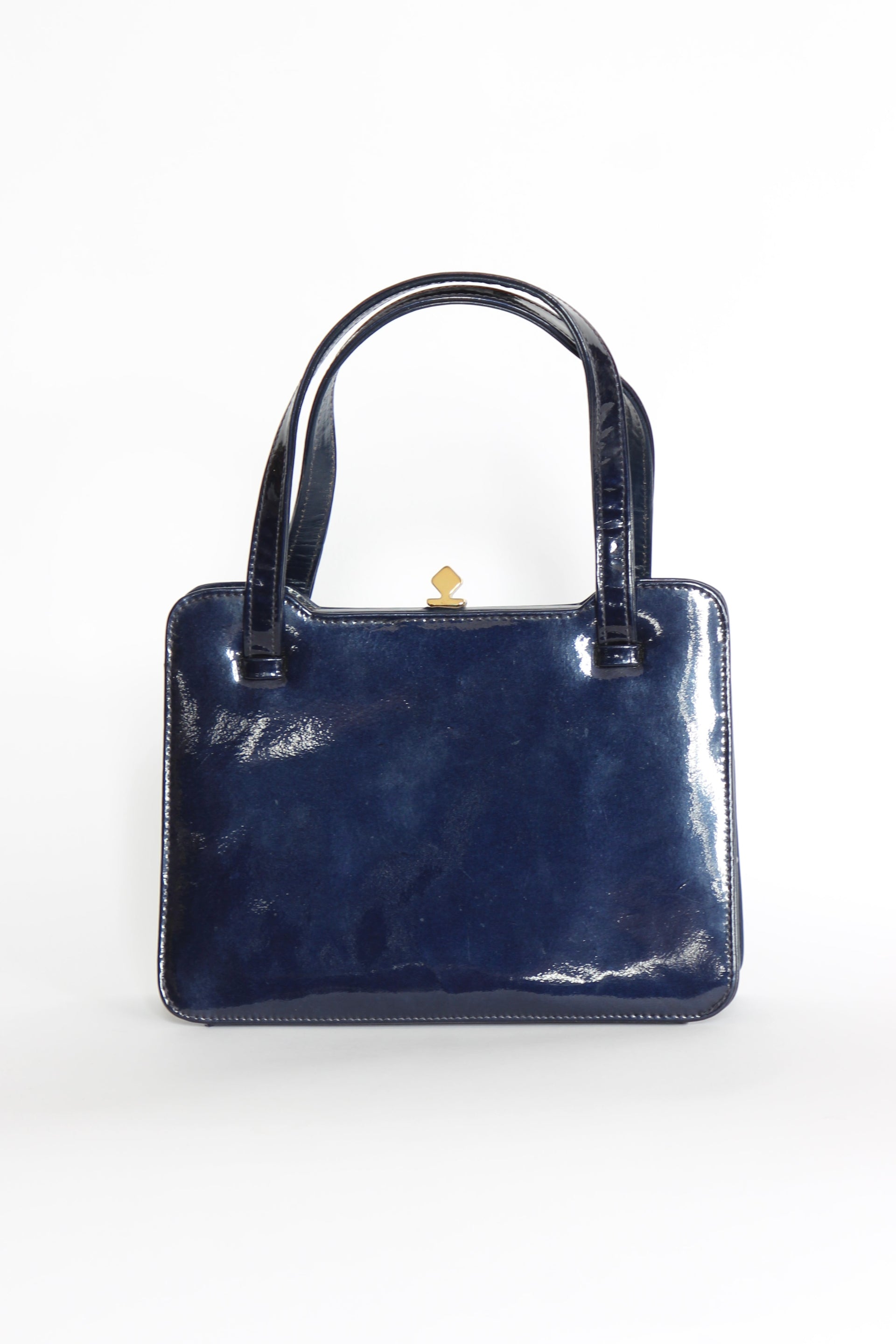 1950s 1960s Vintage Navy Blue Patent Leather Top Handle Bag/Purse