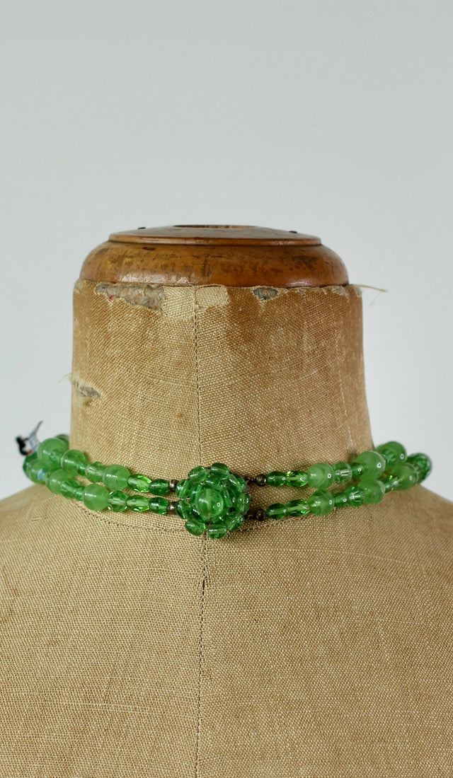 1950s Green Glass Beaded 2 Stand Necklace//New Old Stock