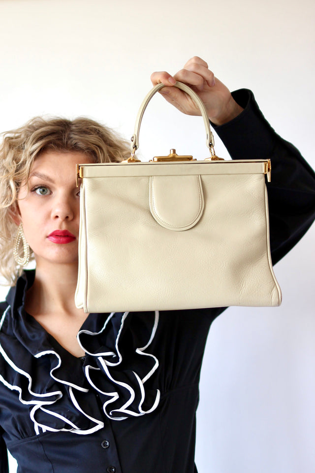 1950S 1960s Ivory Leather Top Handle Bag with Red Linen/Danish Design