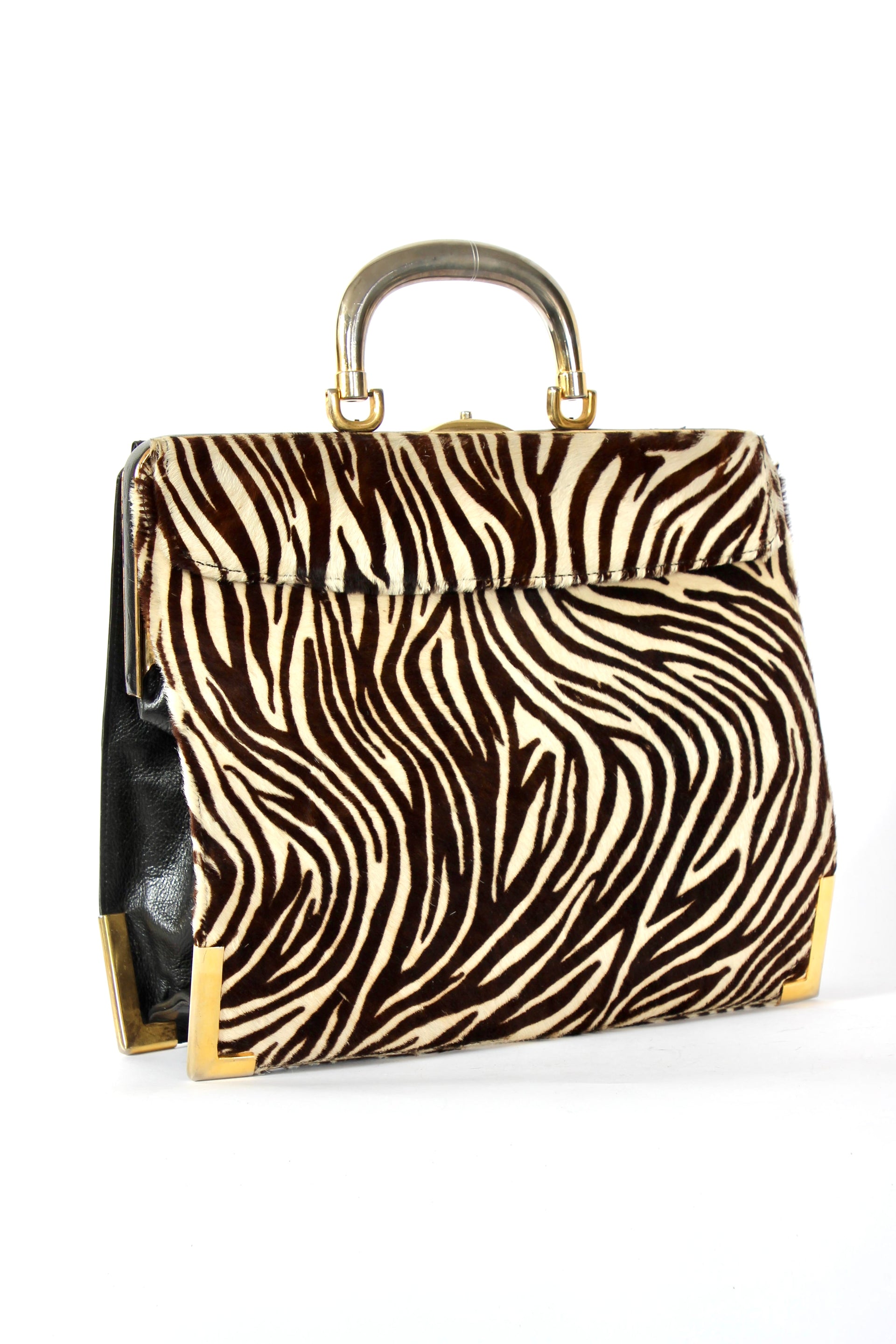 1960s Vintage Bon Goût Black Leather Top Handle Bag with Zebra Pattern Fur