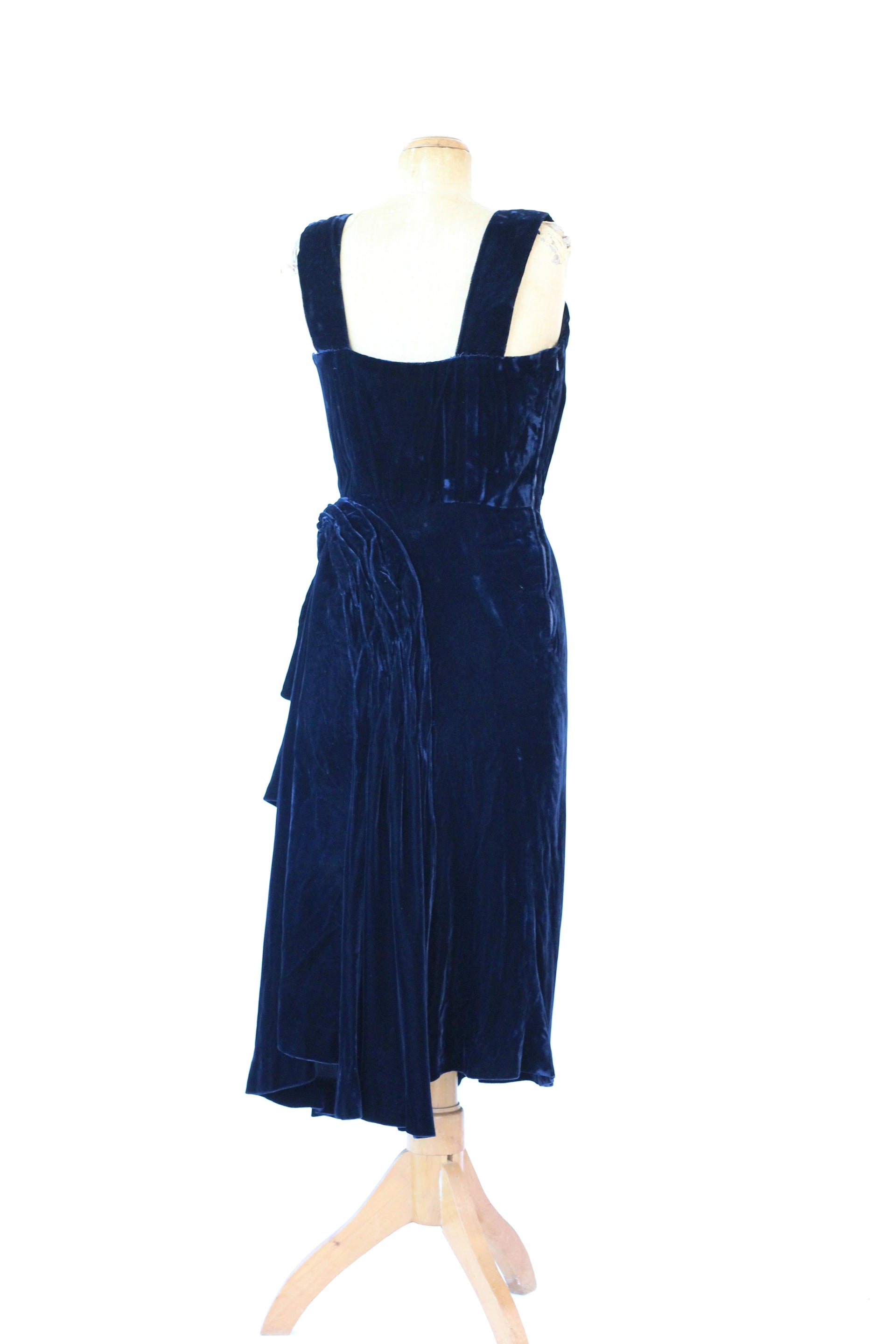 1950s Dark Blue Velvet Silk Dress//Size M