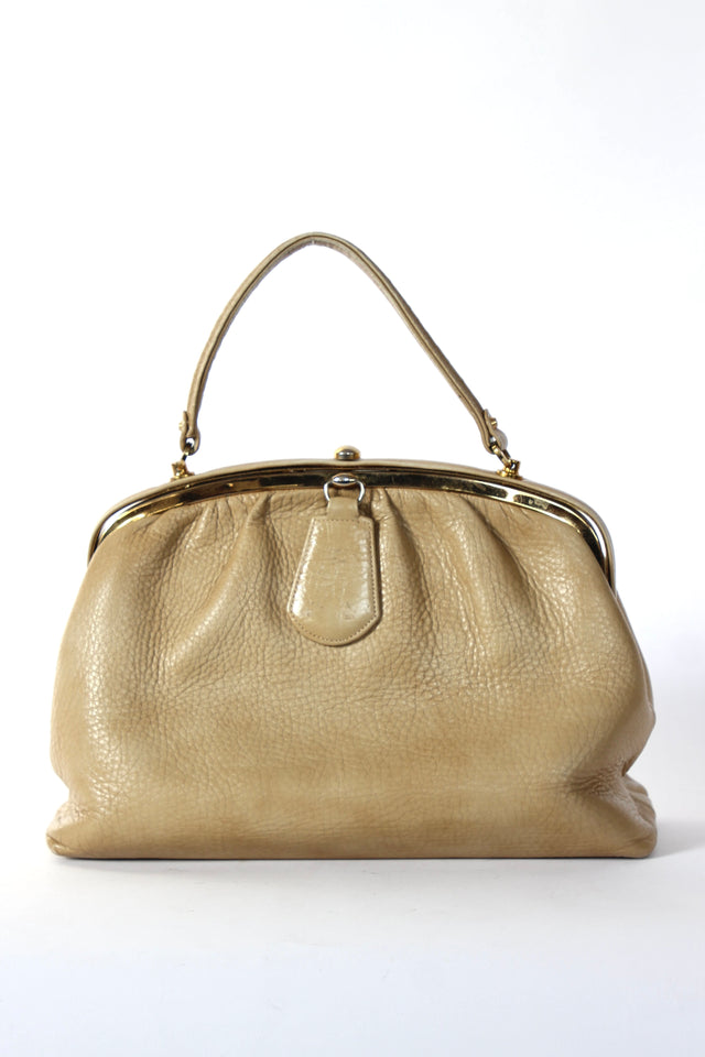 1960s Vintage Beige Leather Top Handle Bag with Green Leather Linen
