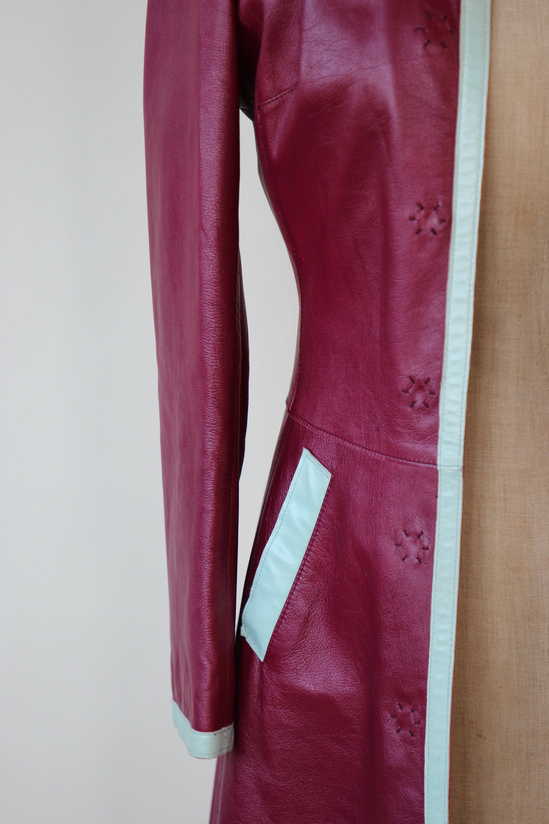 Y2K Italian Designer Burgundy Leather Trench Coat // Size XS/S