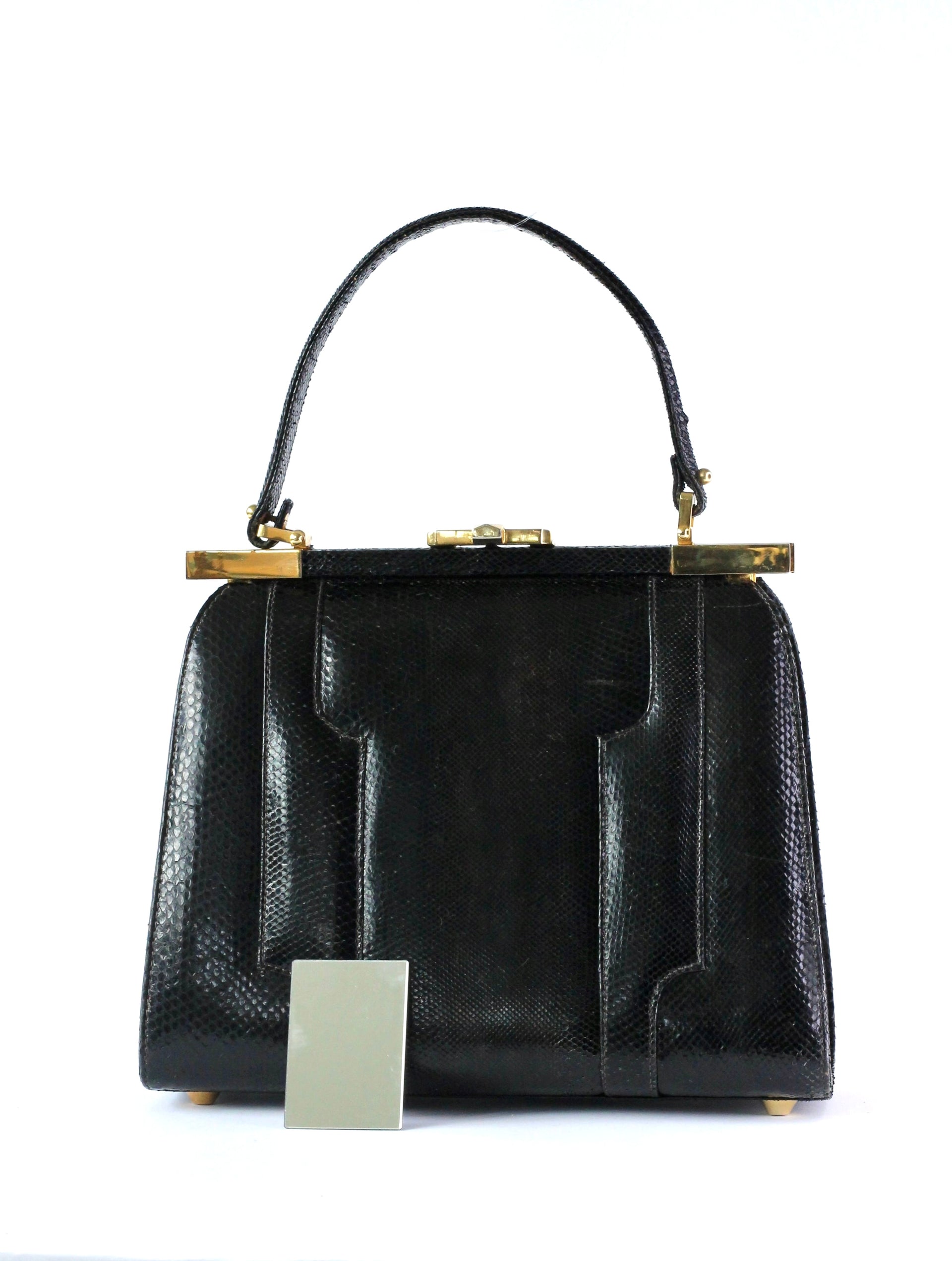 1950s Vintage Black Leather Top Handle Bag