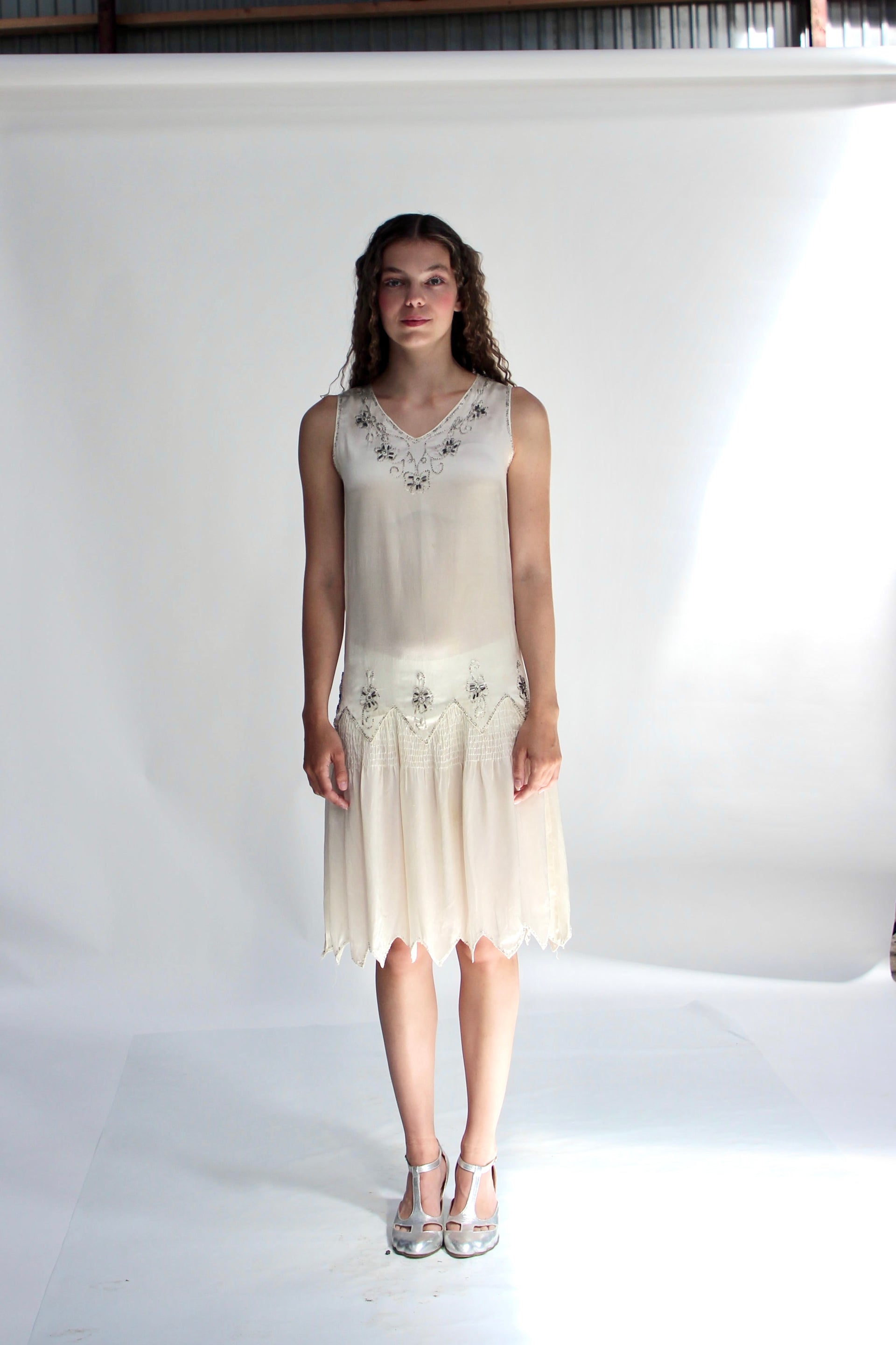 1920s White Silk Dress with Glass Beads and Rhinestones