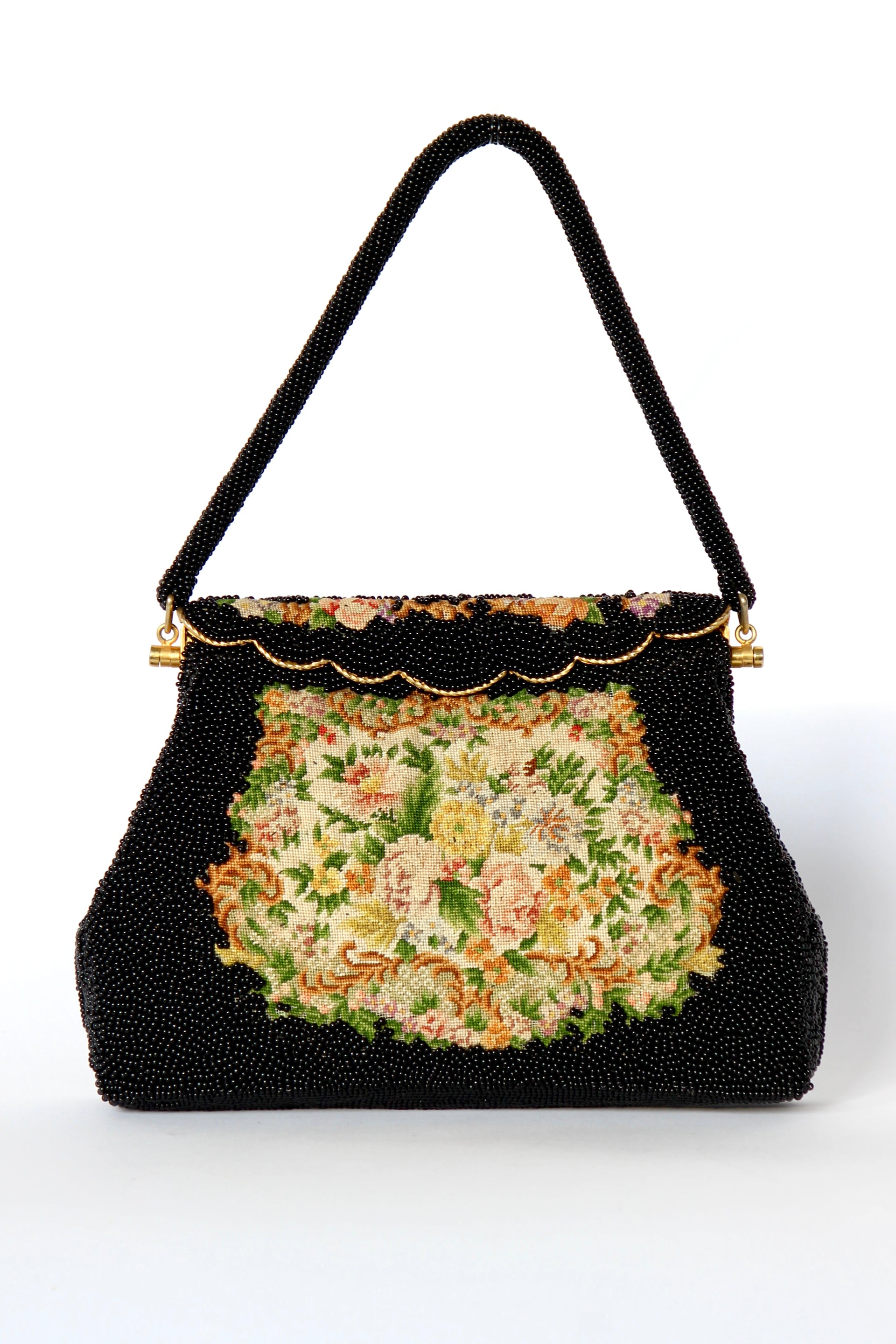 1940s 1950s Vintage Black Beaded & Floral Petit Point Evening Bag