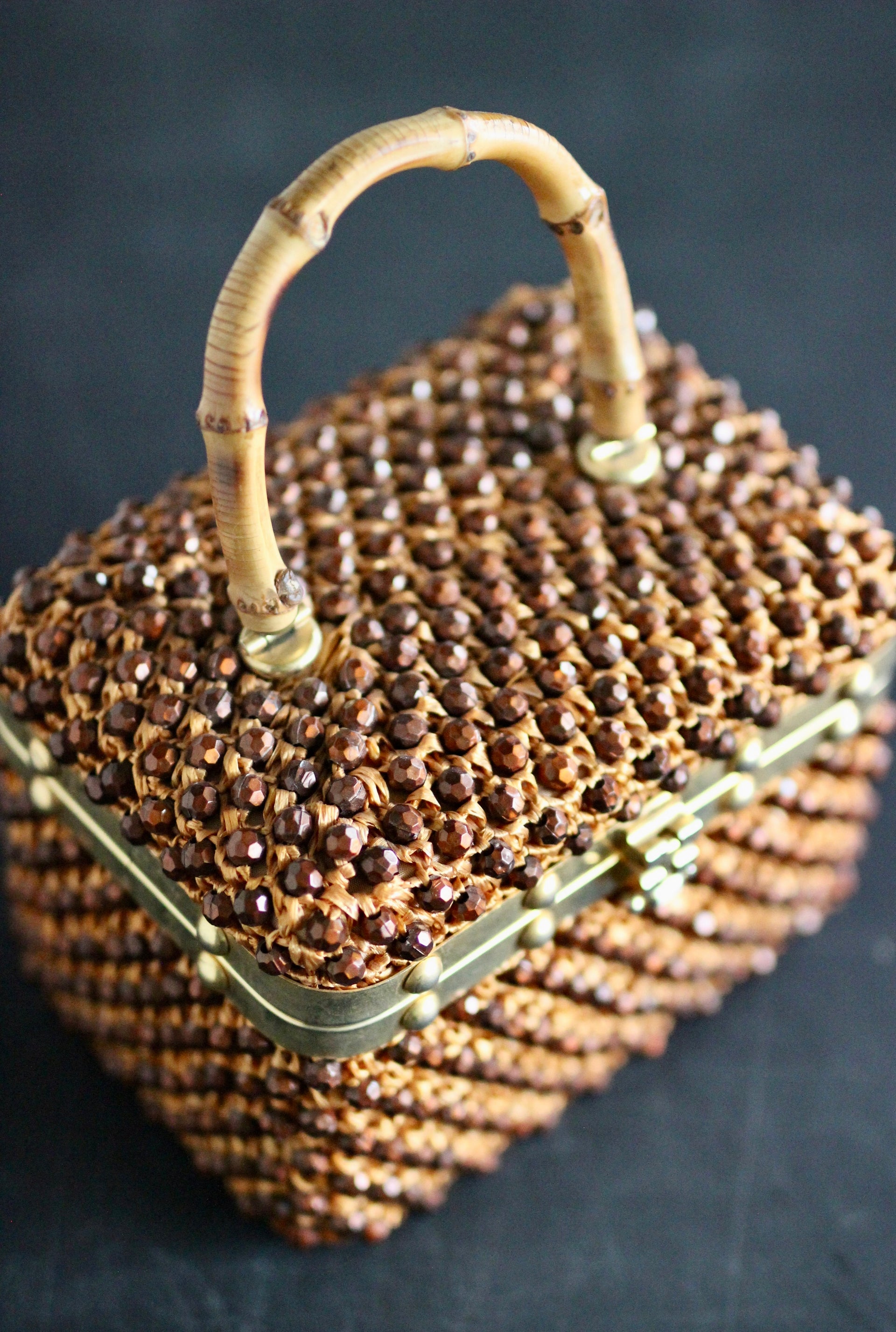 1950s Box Bag with Plastic Beads and Bamboo Handle