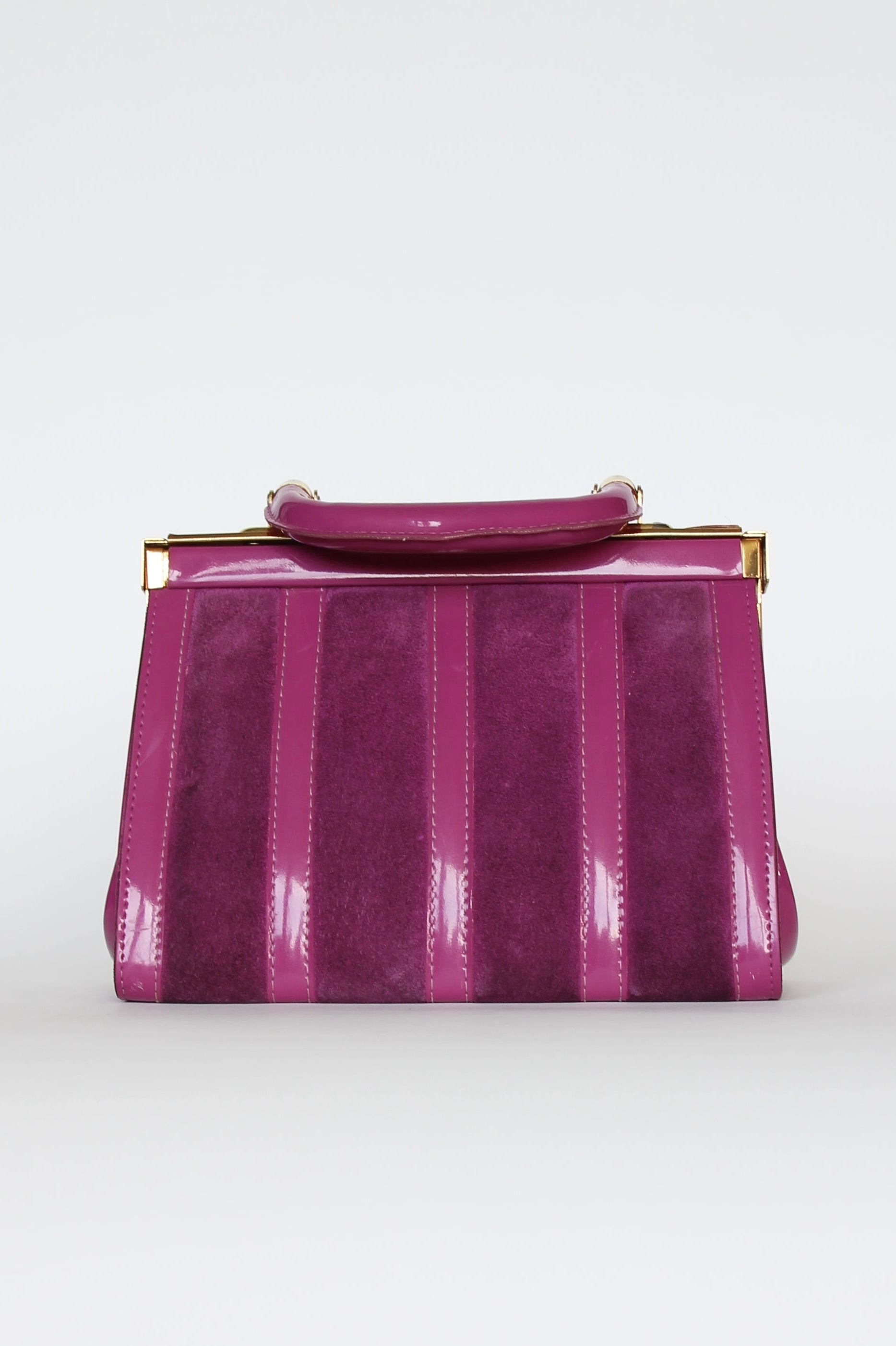 1960s Vintage Purple Sued and Vinyl Top Handle Bag/Purse with Golden Closure.