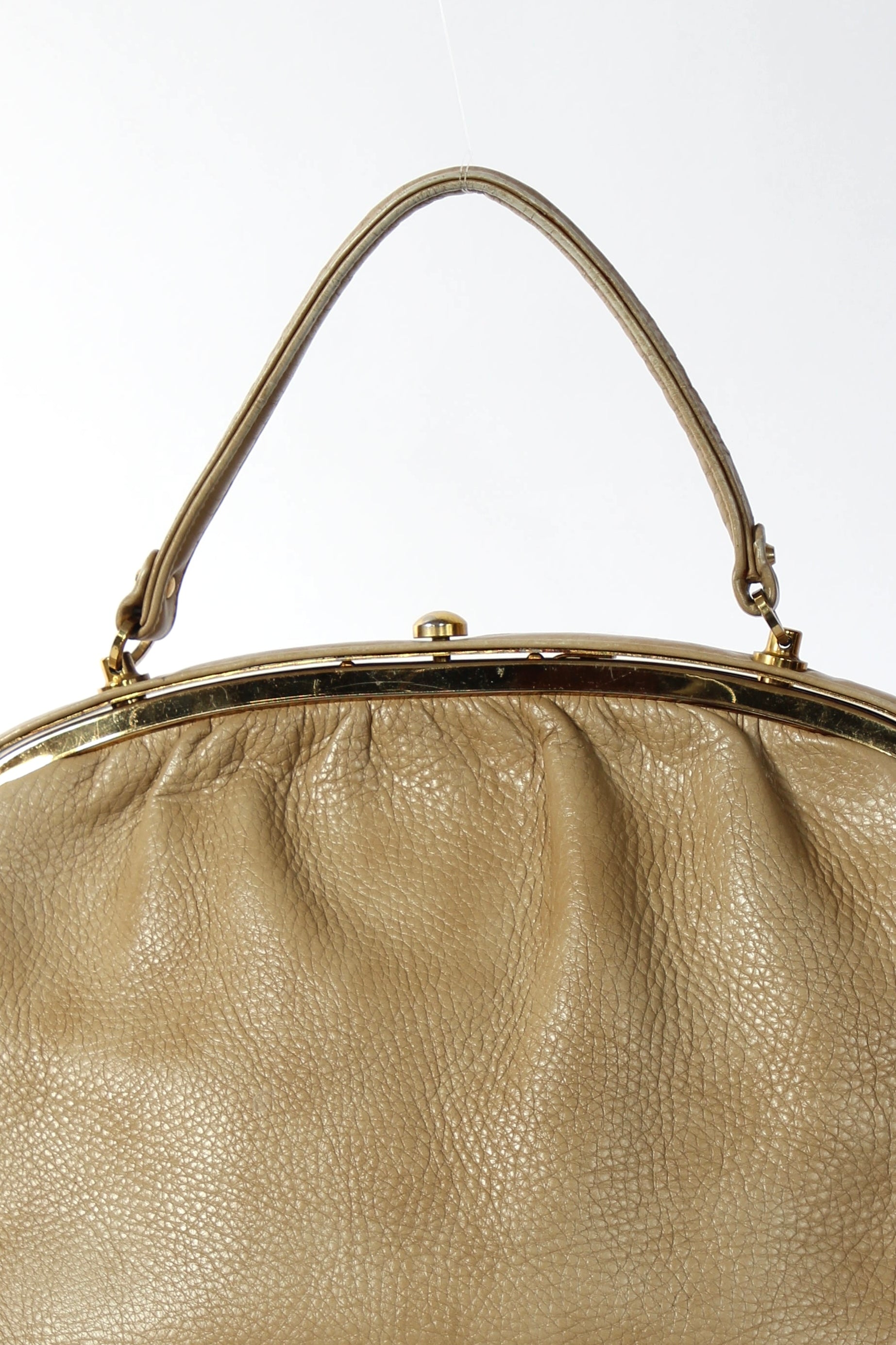1960s Vintage Beige Leather Top Handle Bag with Green Leather Linen