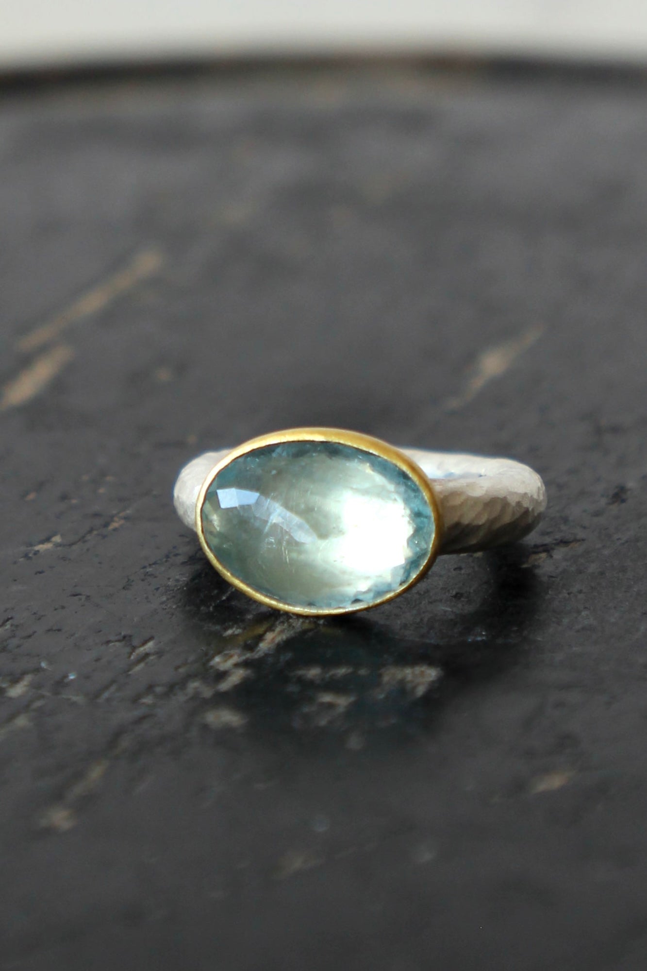Handmade Aquamarine Ring // Poppy Dandiya // Hammered Sterling Silver // 24K Filled Gold // Size 53
