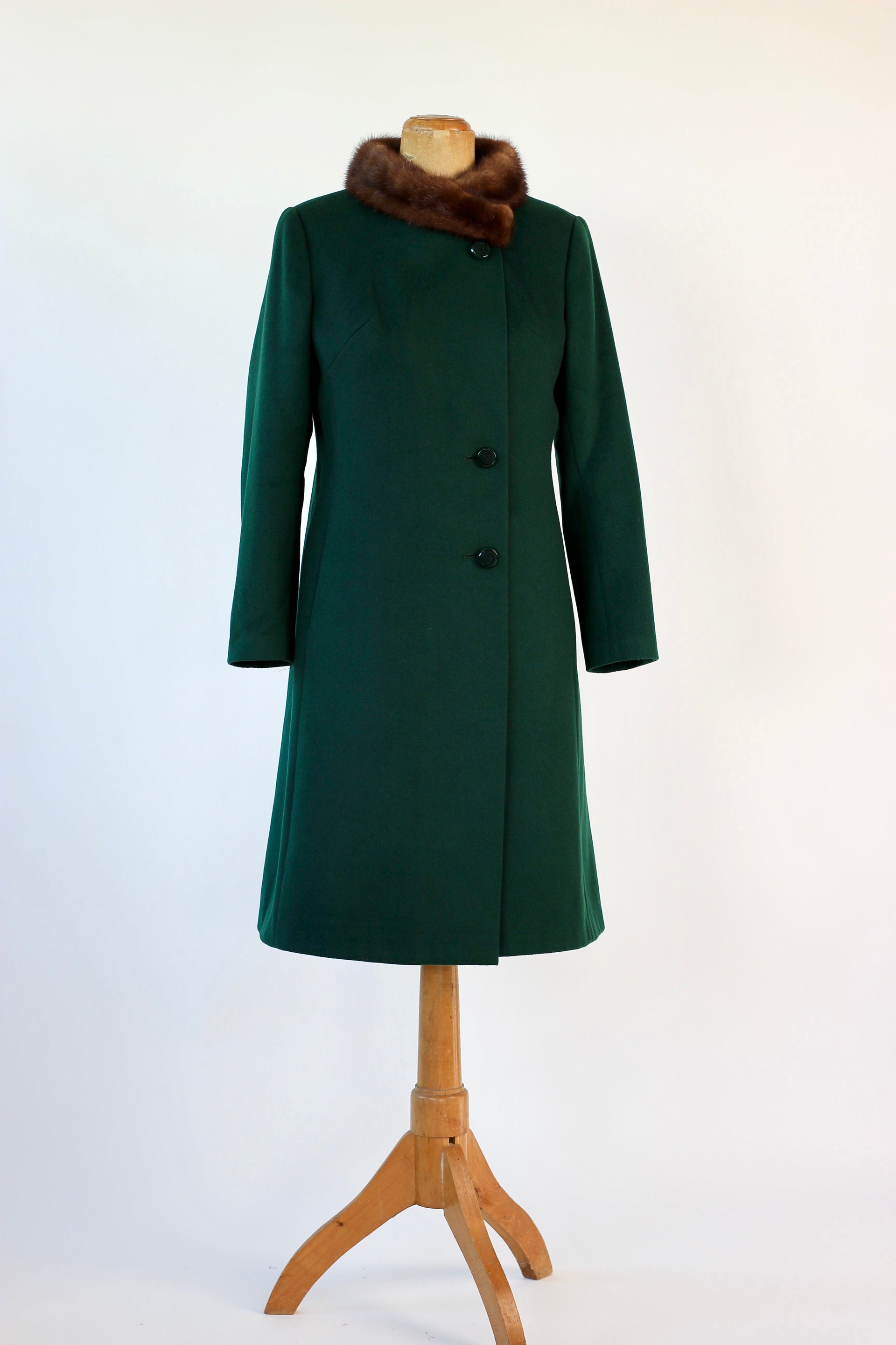 1960s Vintage Green Emerald Wool Coat with Brown Collar // Size M