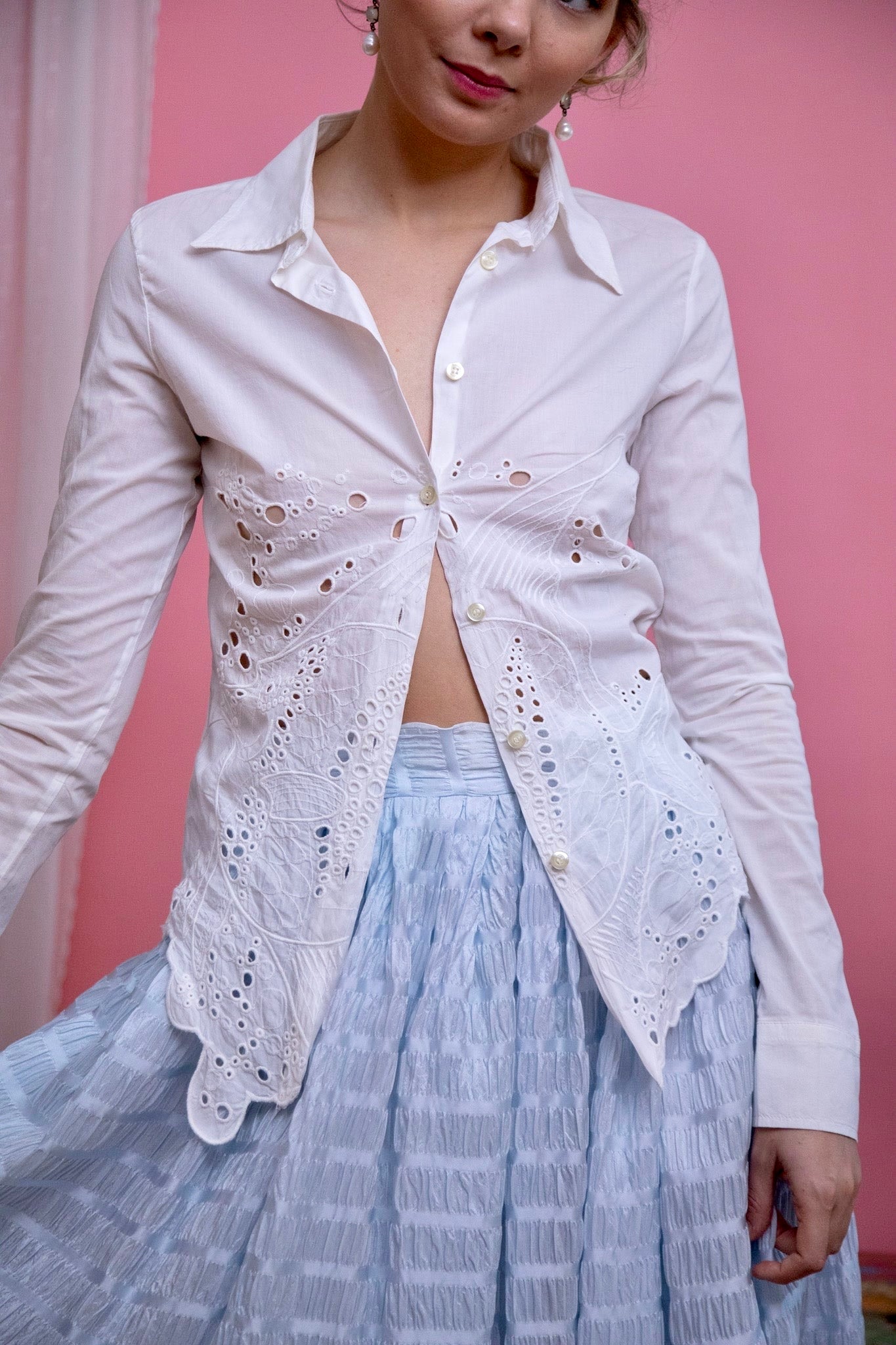 1940s Vintage Light Blue Skirt in Ruffled Fabric//Size S/M