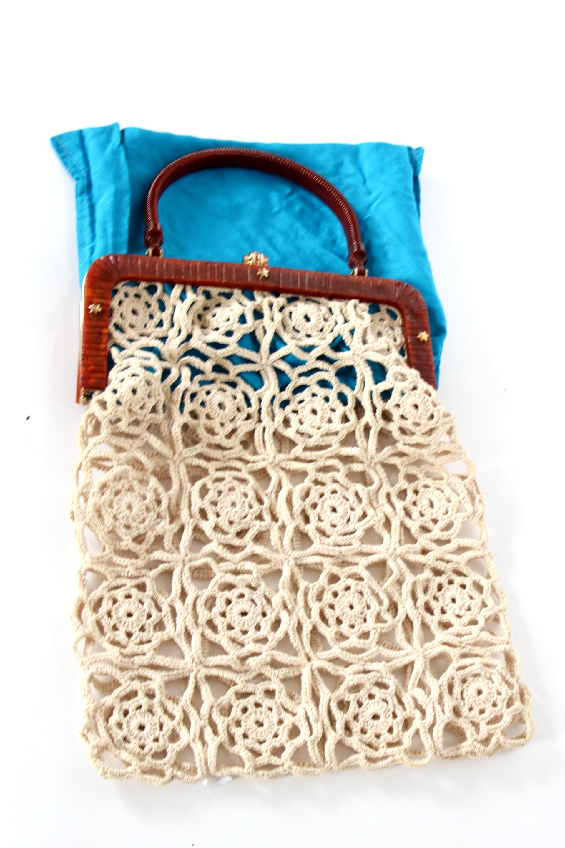 1960s Vintage Handmade Crochet Bag with Plastic Handle and Frame
