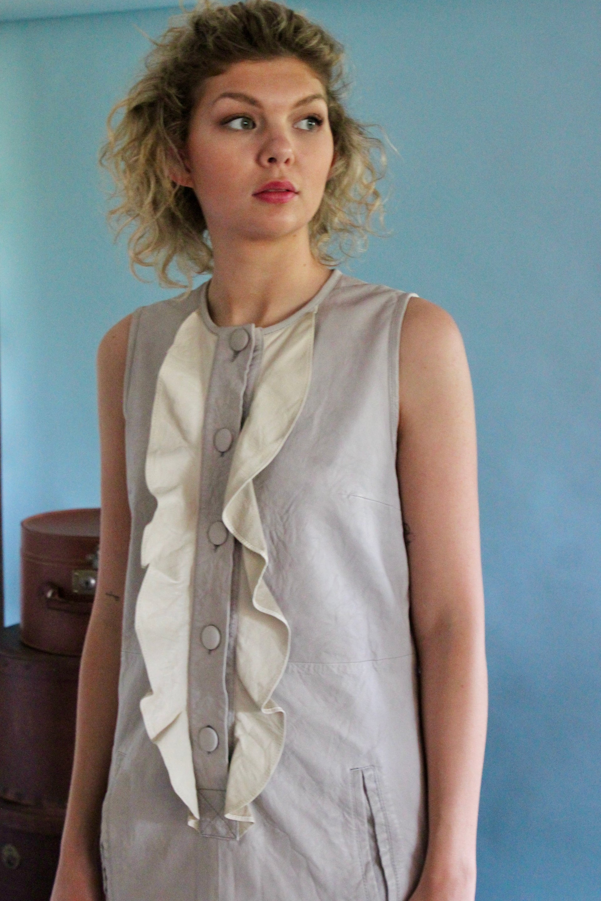 Vintage Grey and Ivory Mini Leather Dress // Size XS/S