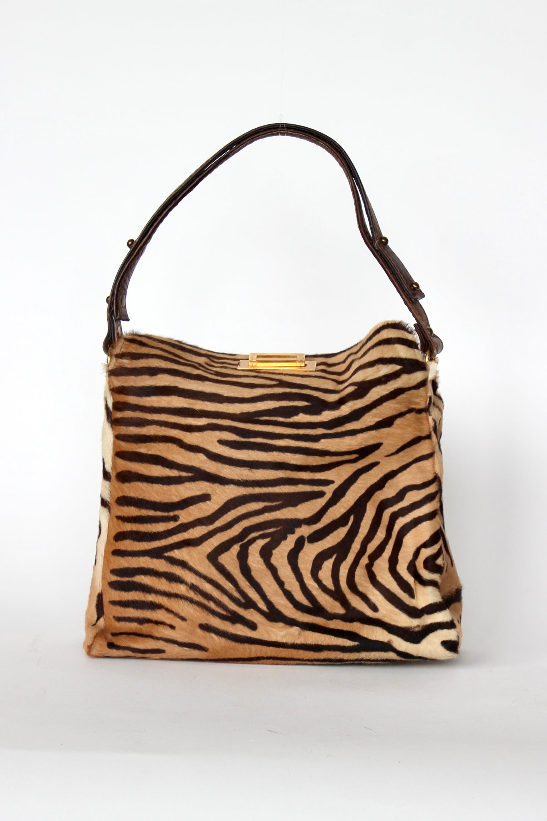 1960s Brown Fur Top Handle Bag with Tiger Pattern // Danish Design
