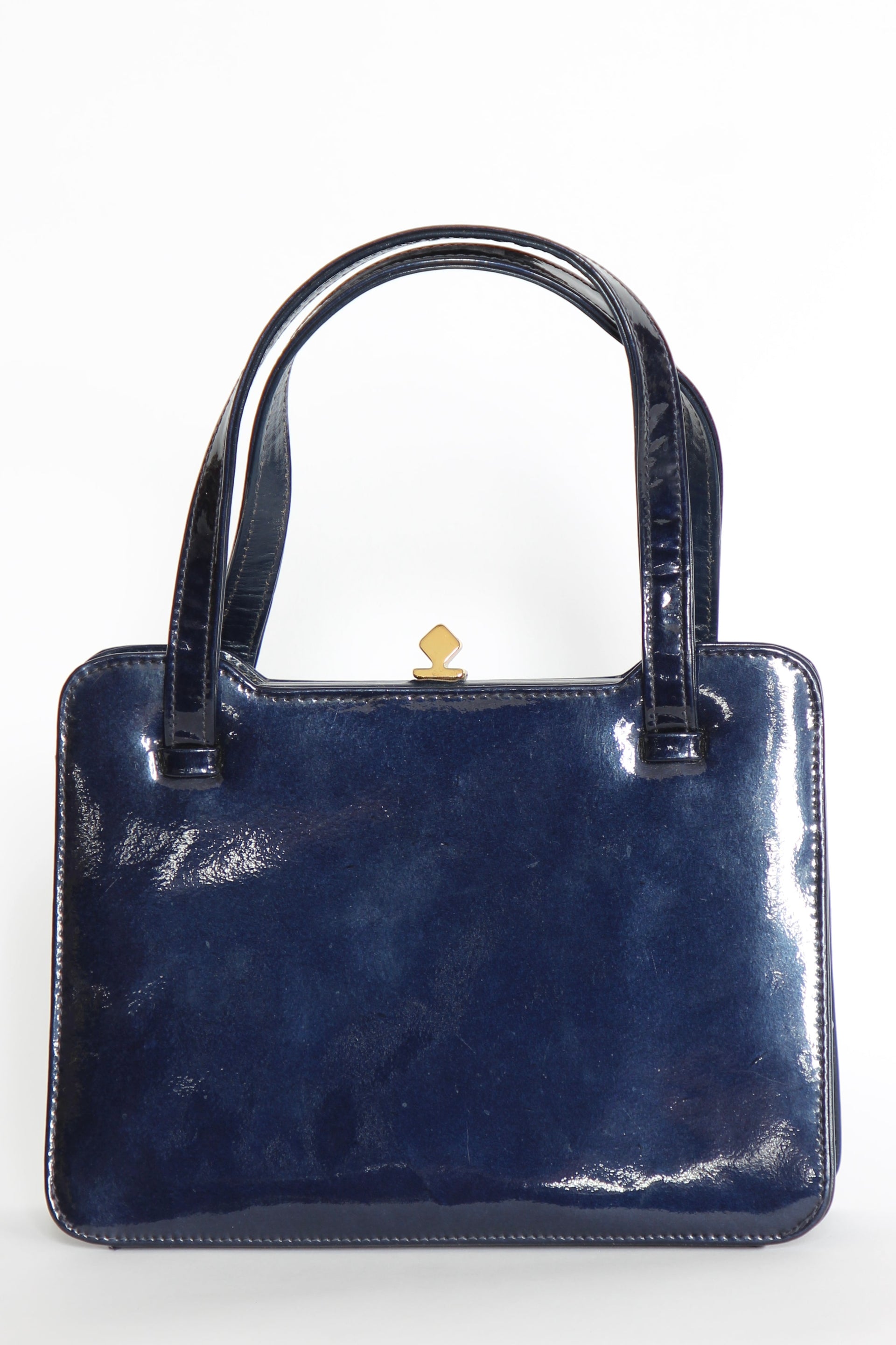 1950s 1960s Vintage Navy Blue Patent Leather Top Handle Bag/Purse