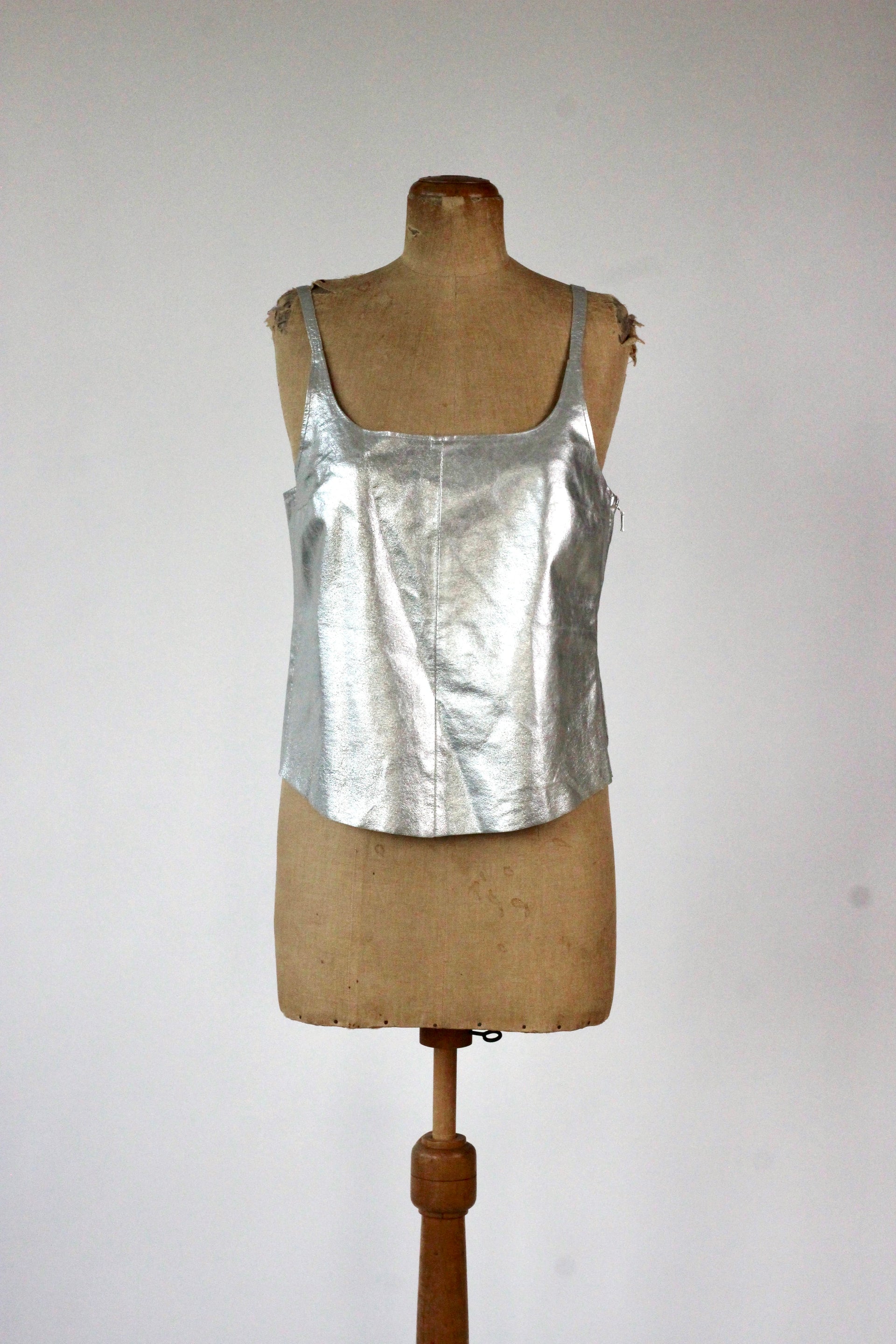 1990s Vintage Leather Silver Top//Size L