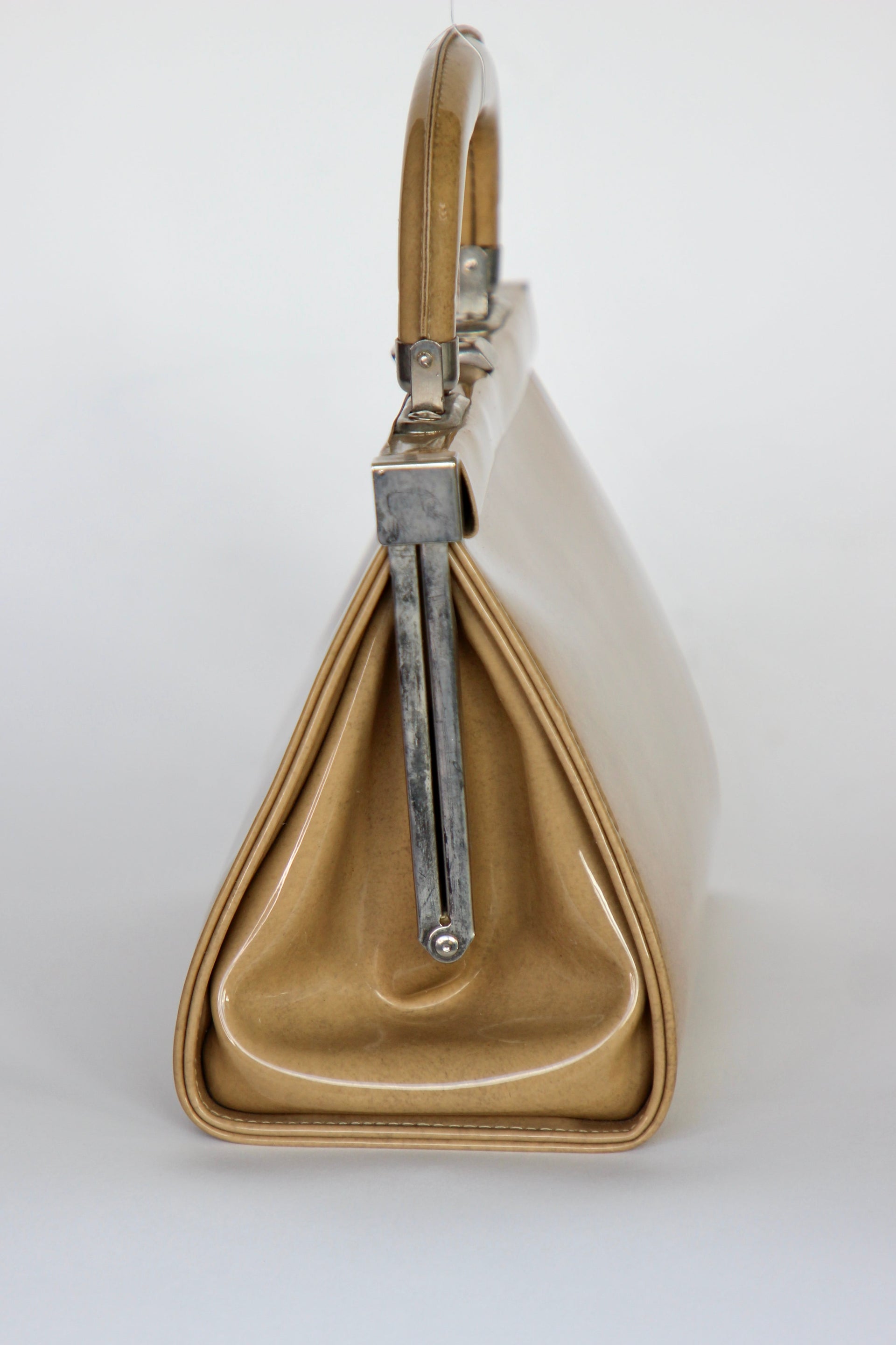 1960s Vintage Beige/Camel Vinyl Top Handle Bag/Purse with Silver Closure.