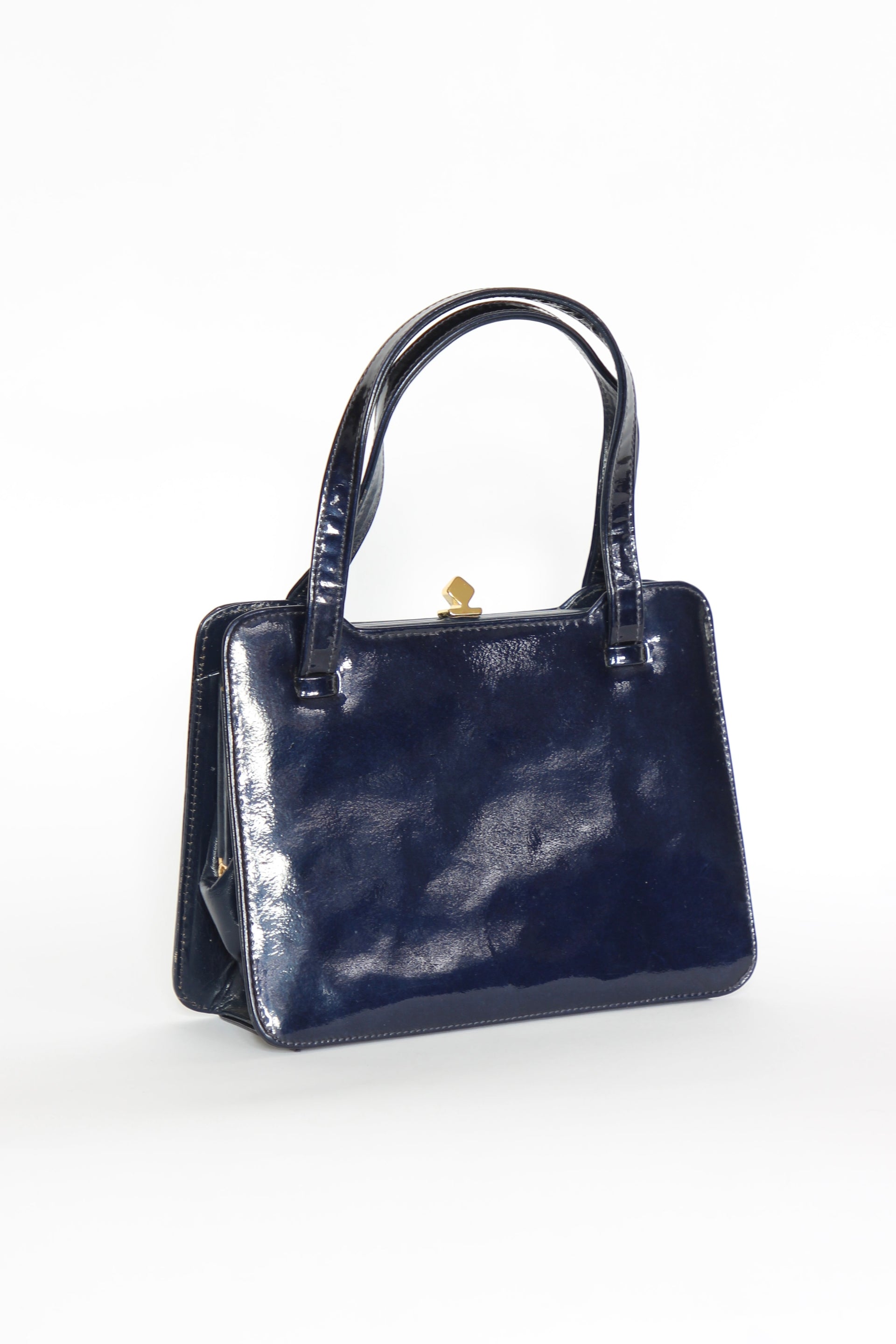 1950s 1960s Vintage Navy Blue Patent Leather Top Handle Bag/Purse